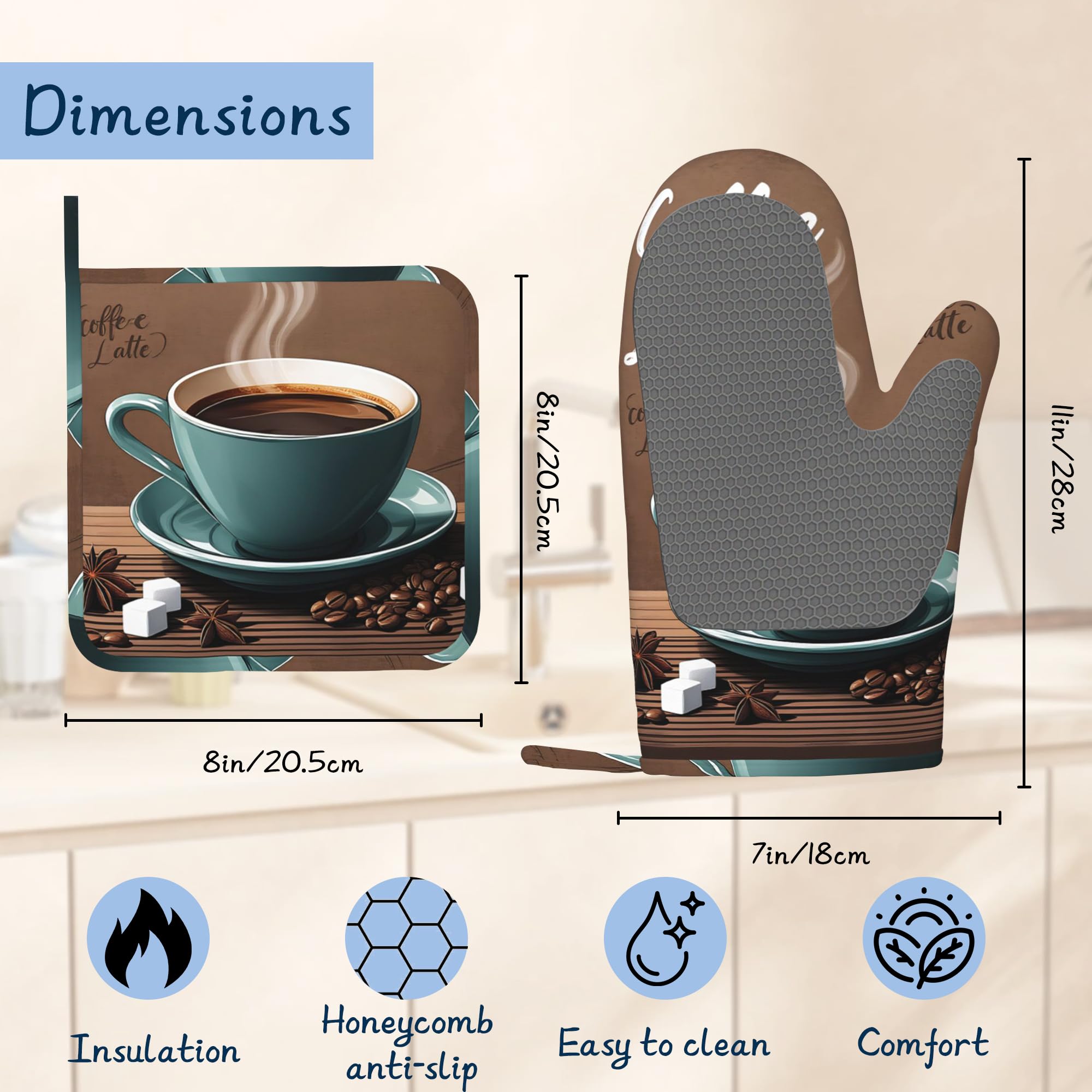 Juego de manoplas de horno y soportes para ollas, juego de guantes de cocina de algodón grueso retro para café, manoplas de silicona antideslizantes impermeables para hornear, bonito juego de