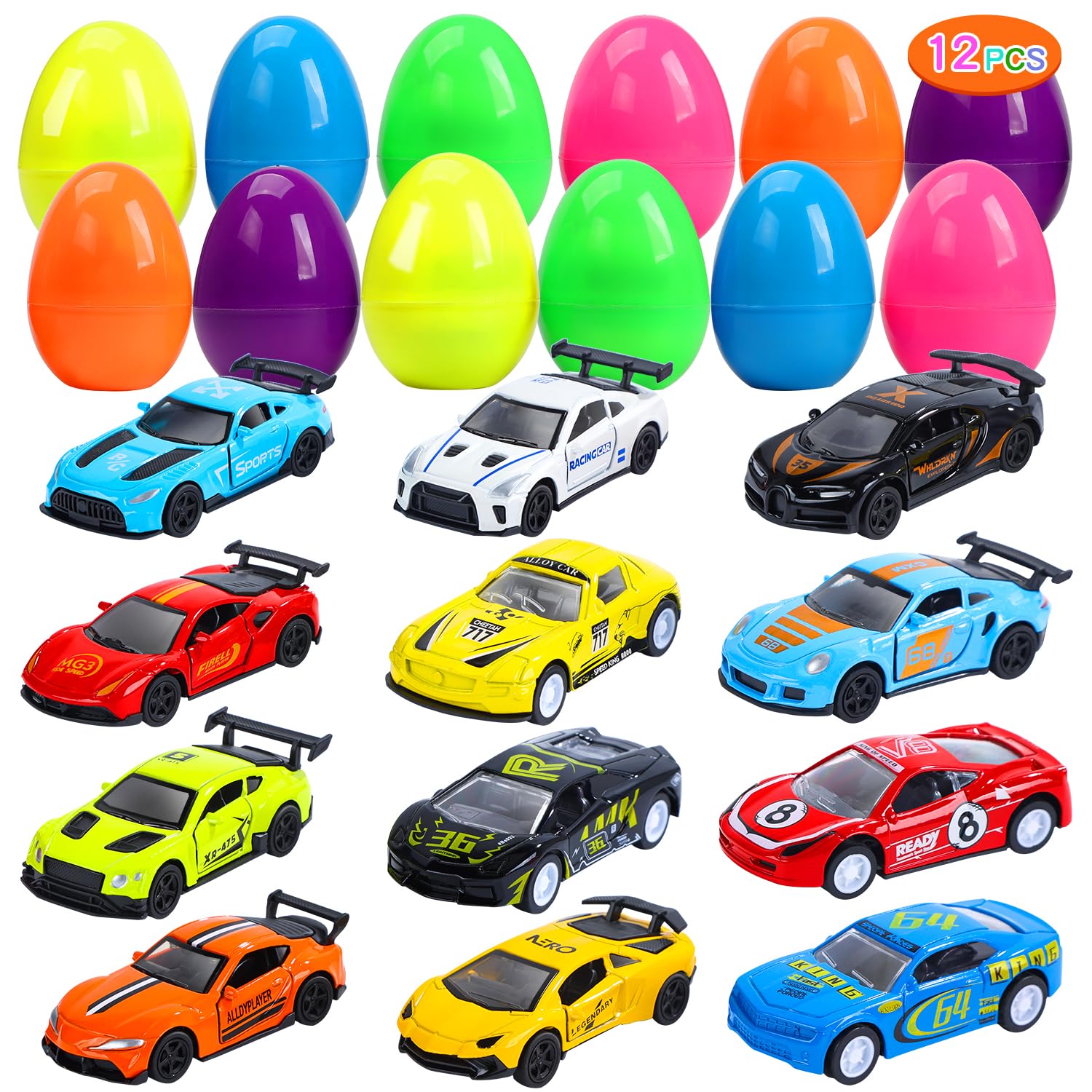 CUTE STONE 12 Pack Filled Easter Eggs with Alloy Racing Car Toy Prefilled Easter Basket Stuffers Party Favors