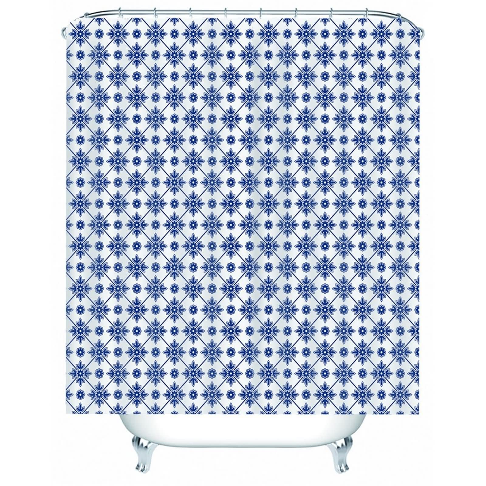 Duschrollo für Badewanne, Neasow Duschvorhang Gitter Blumenmuster Blau Weiss 180X200cm für Badezimmer