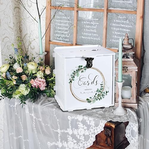 Miniatura 5 de Bucherry Caja de tarjetas de boda con candado, sobre de madera blanca, caja de dinero para recepción, aniversario, graduación, decoración de fiesta