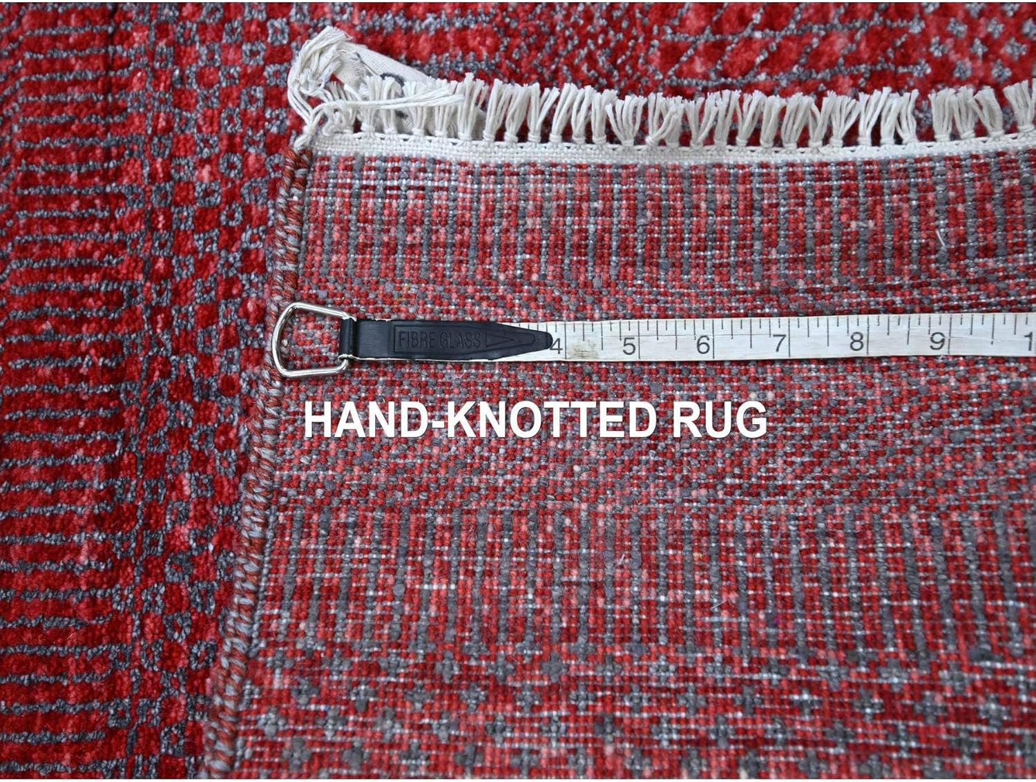 Hand Knotted Wool and Silk Runner Rug, Red, Tone on Tone Grass Design, 2'6"x16'3", Borderless Modern Style