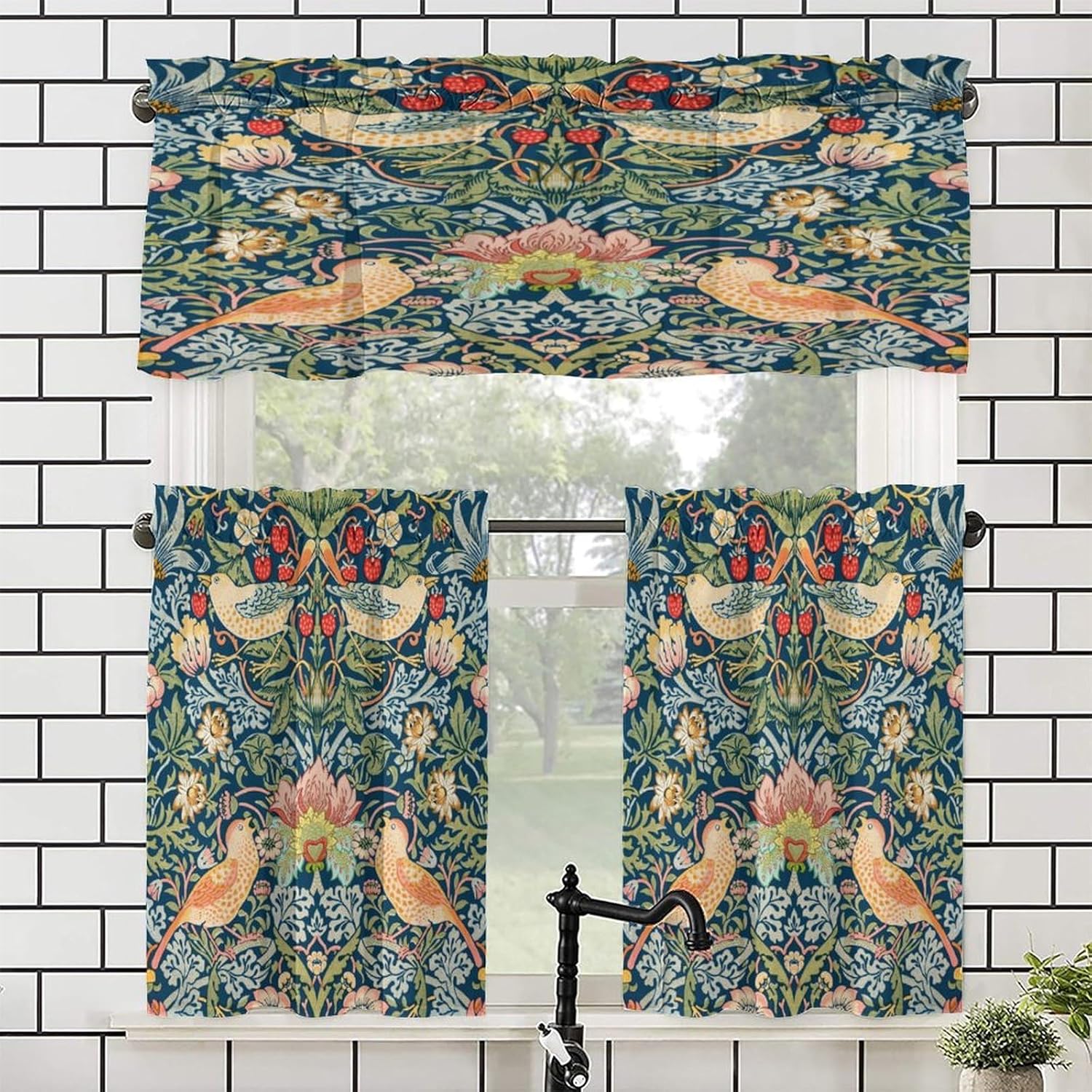 Brebasf Rustic Mid Century Boho Art Kitchens Valances For Window,Abstract William Morris Floral Spring Bird Fruit Prints Rod Pocket Curtain Valance Curtains,1 Valance(54"x18")&2 Tiers(27.5"x36")