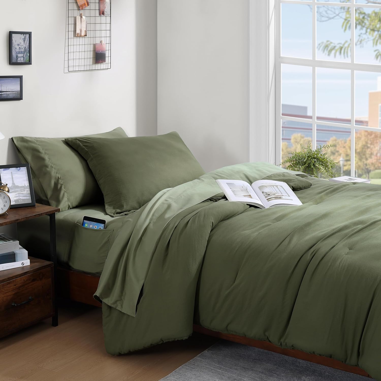WRENSONGE Twin/Twin XL Comforter Set - 2 Pieces Olive Green Comforter Prewashed Soft Lightweight for All Seasons,Fluffy Down Alternative Twin XL Comforter with 1 Pillow Sham 01- Olive Green Twin/Twin XL(66"*90")
