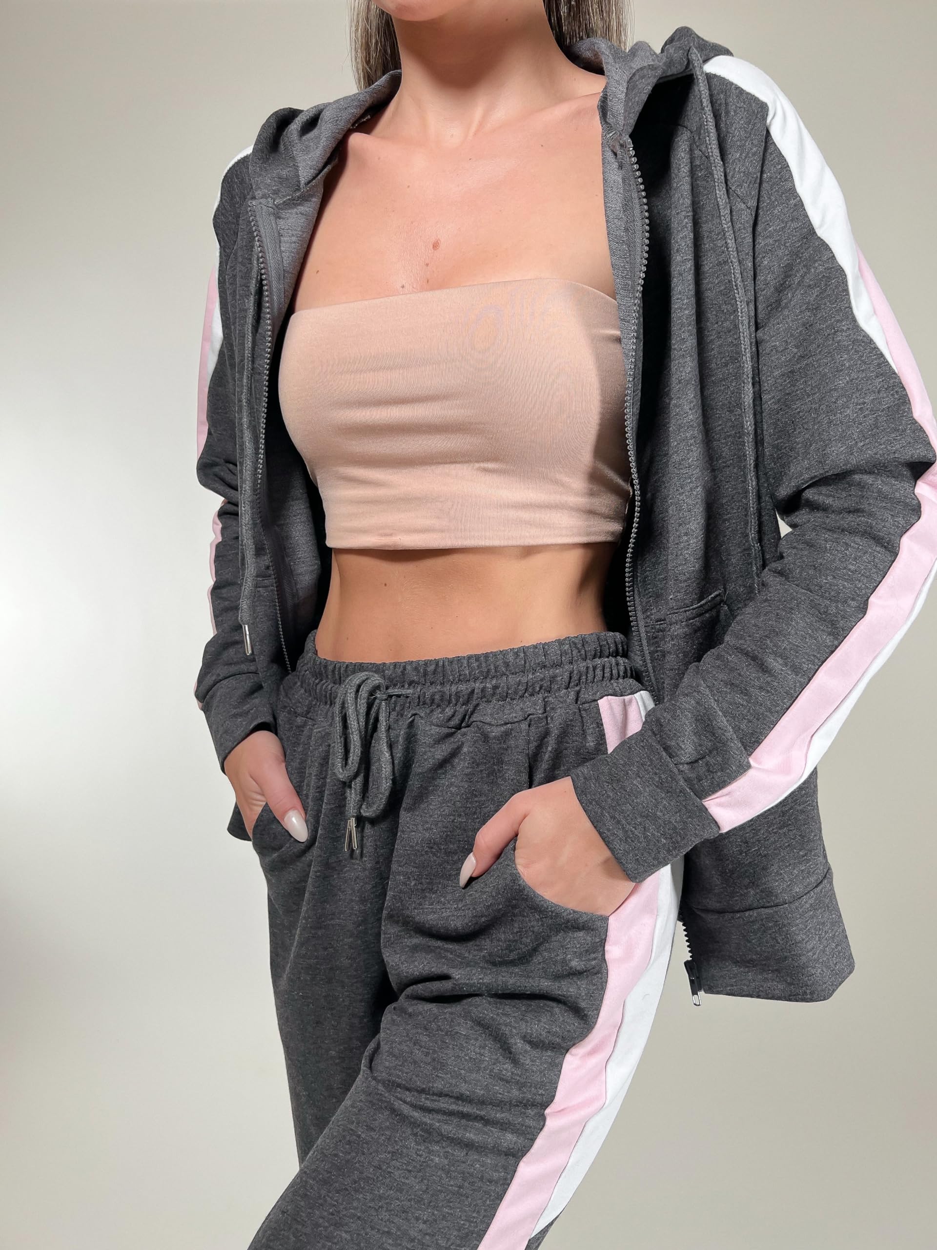 Litherday Jogginganzug Damen Lang Freizeitanzug Baumwolle Trainingsanzug Damen Streifen Sportanzug Fitnessanzug mit Taschen