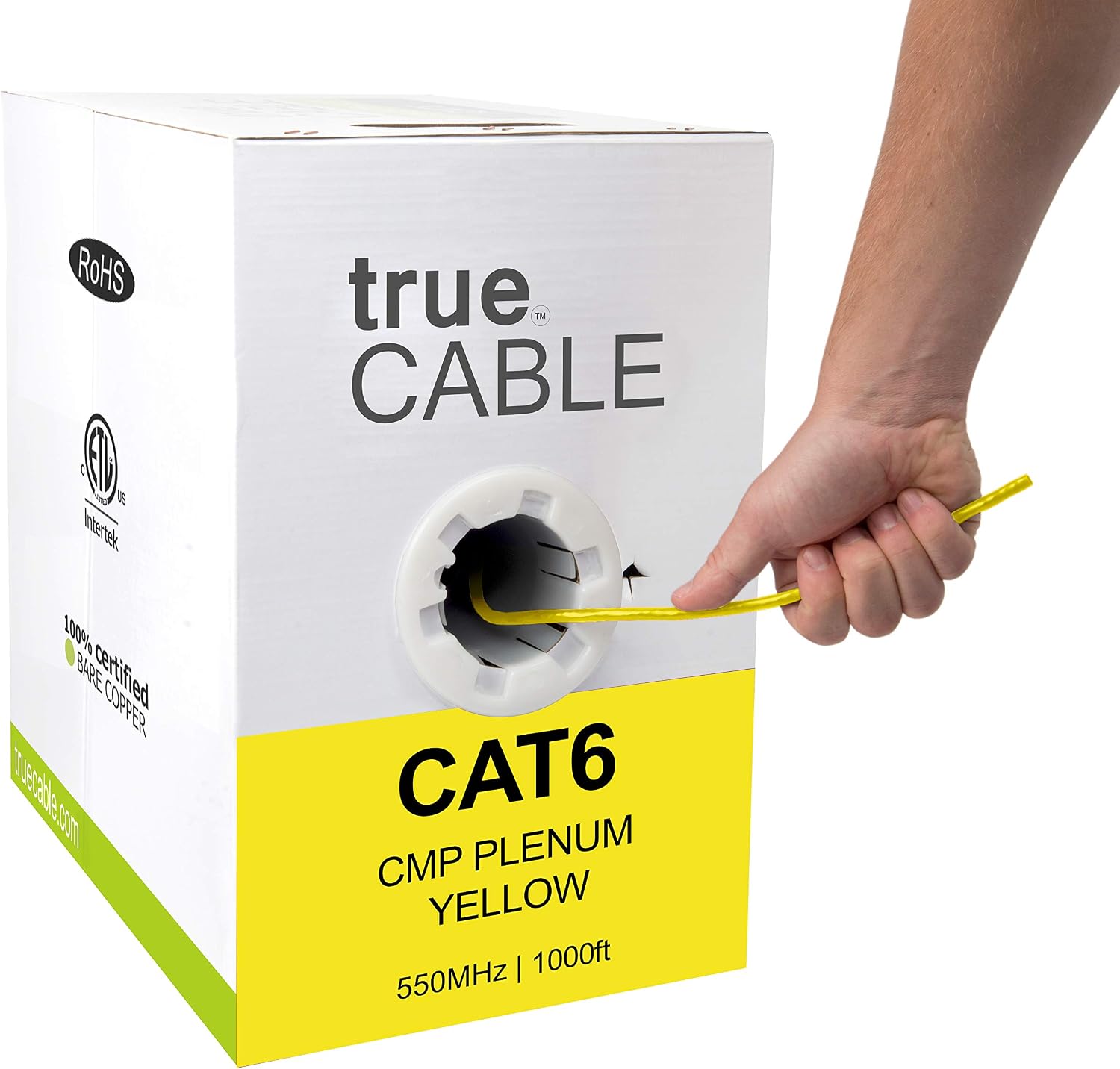 Black Friday 🔥 trueCABLE Cat6 Plenum (CMP), 1000ft, Yellow, 23AWG 4 Pair Solid Bare Copper, 550MHz, ETL Listed, Unshielded Twisted Pair (UTP), Bulk Ethernet Cable