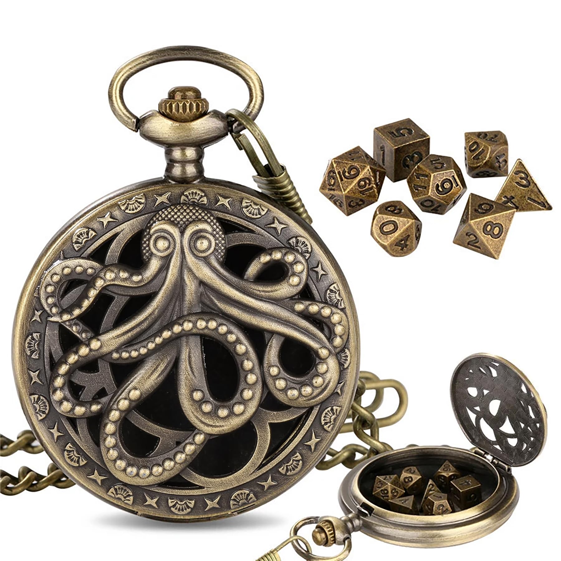 Mini DND Dice Set including Steampunk Bronze Octopus Pocket Watch Shell Case, 7pcs Polyhedral Metal Dice Set including Chain