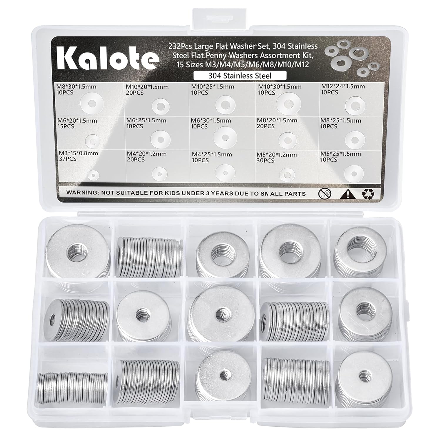 232 arandelas planas, surtido de arandelas de guardabarros de acero inoxidable 304, 15 tamaños diferentes de arandelas anchas M3 M4 M5 M6 M8 M10 M12