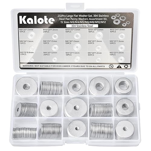 232 arandelas planas, surtido de arandelas de guardabarros de acero inoxidable 304, 15 tamaños diferentes de arandelas anchas M3 M4 M5 M6 M8 M10 M12