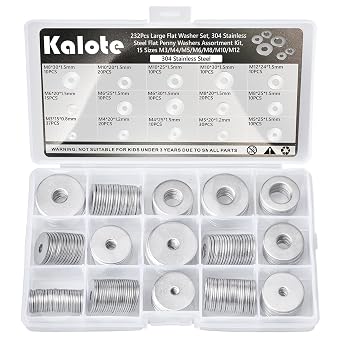 232Pcs Fender Washers, 304 Stainless Steel Flat Washers Assortment Kit, 15 Different Sizes M3 M4 M5 M6 M8 M10 M12 Metal Washers for Screws Bolts Hardware for Various Home Industrial Automotive