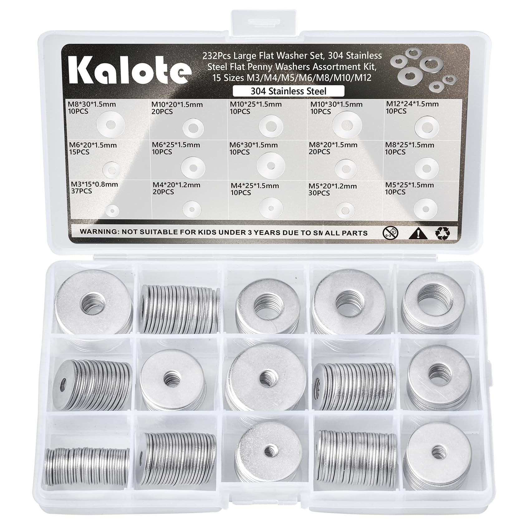 Kalote 232PCS 304 Stainless Steel Penny Washers Set, Large OD Flat Repair Washers Assortment Kit, 15 Sizes M3 M4 M5 M6 M8 M10 M12 Heavy Duty Fender Washers for Marine, Automotive & DIY Repairs