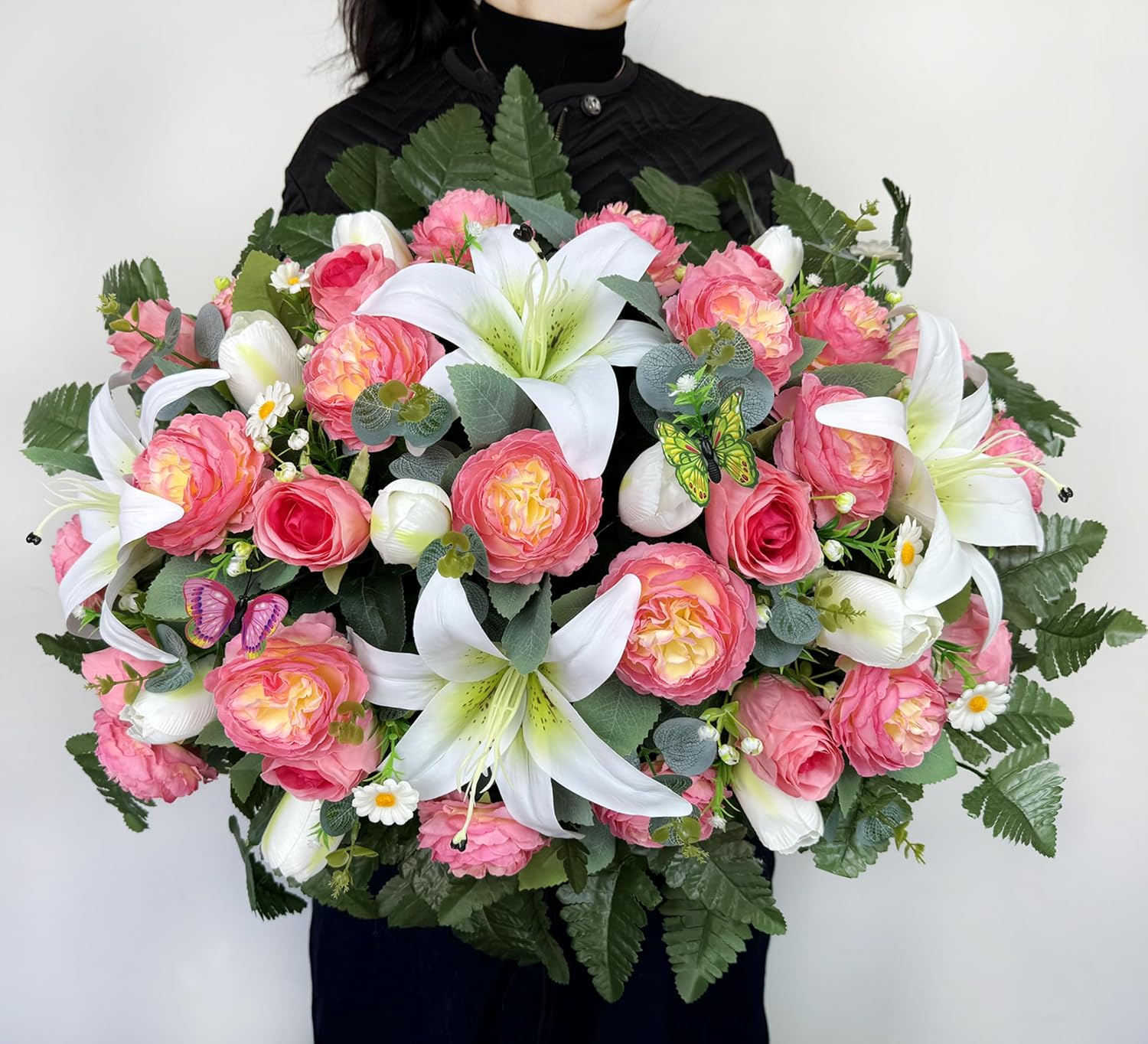 MUVIC Artificial Cemetery Flowers Saddle- Memorial Flowers - Outdoor Grave Decorations,Sympathy Flower - Headstone Flower Saddle with Silk Pink Roses Lily Peony - Image 4