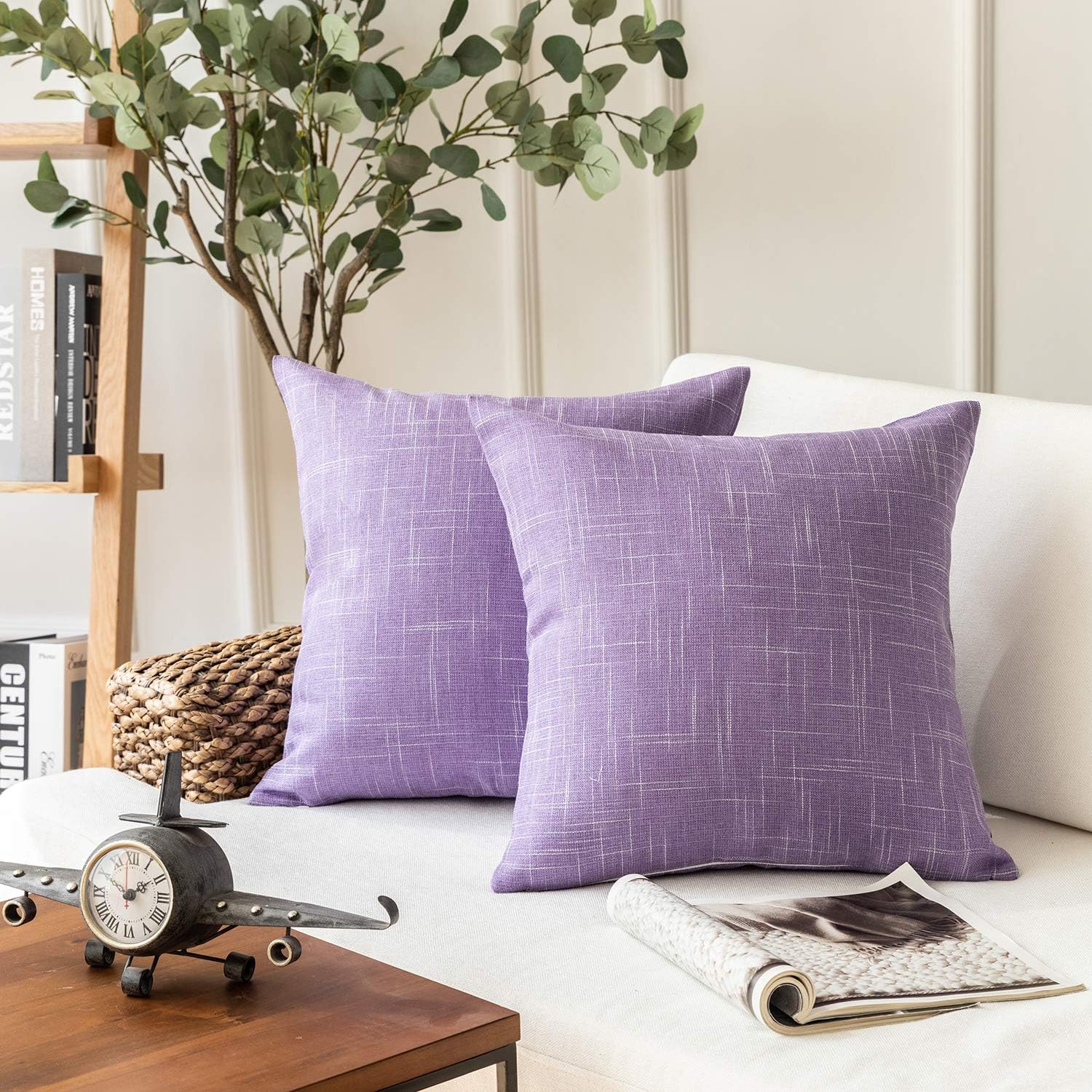 Phantoscope Throw Pillow Cover Soft Textured Lined Burlap Cushion Covers Pillowcase for Home Decor Car Sofa Couch Pack of 2 Light Purple 18 x 18 inches 45 x 45 cm