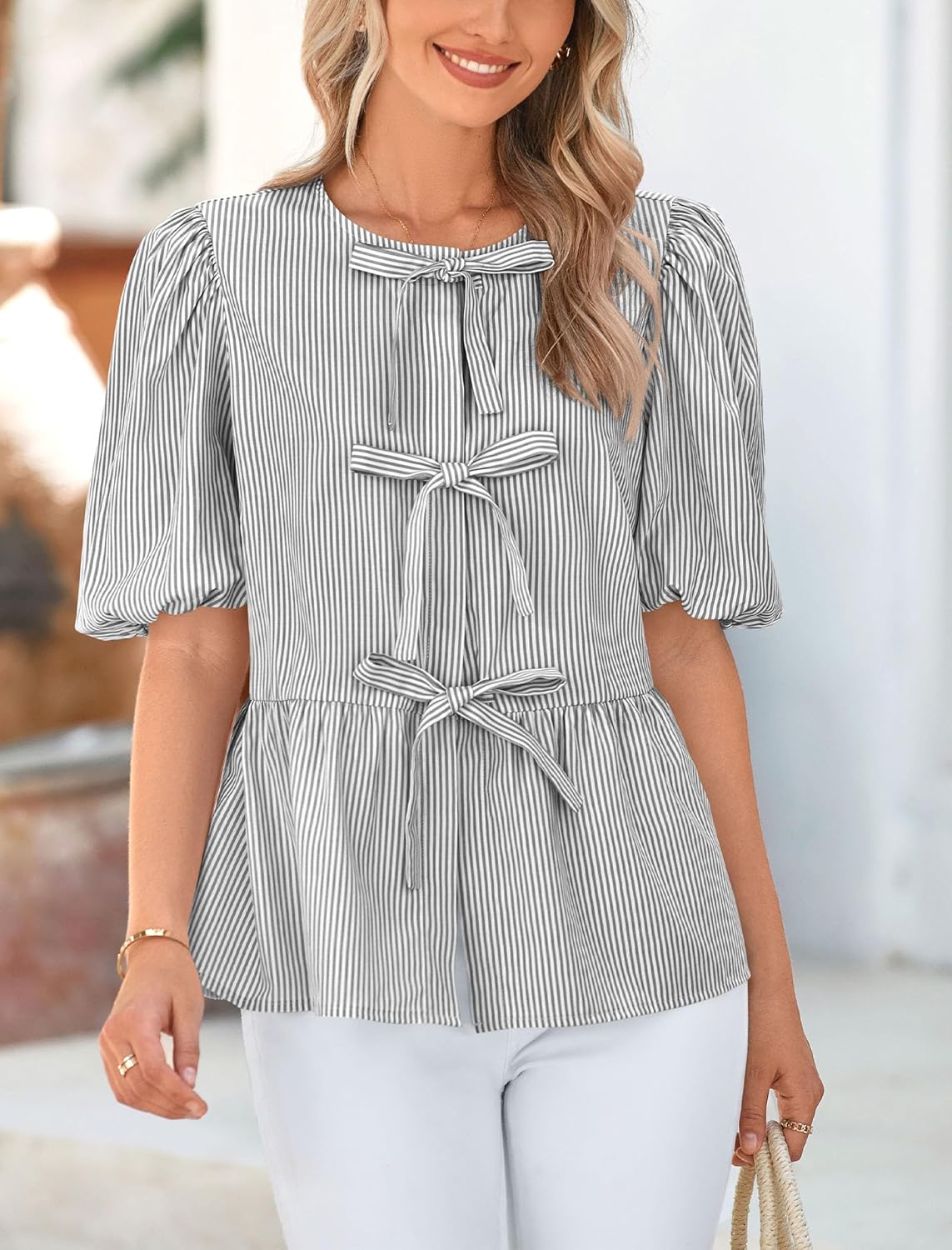 PRETTYGARDEN Women's Tie Front Striped Shirt 2026 Summer Trendy Fashion Cute Babydoll Tops Peplum Puffy Sleeve Blouse - Image 3