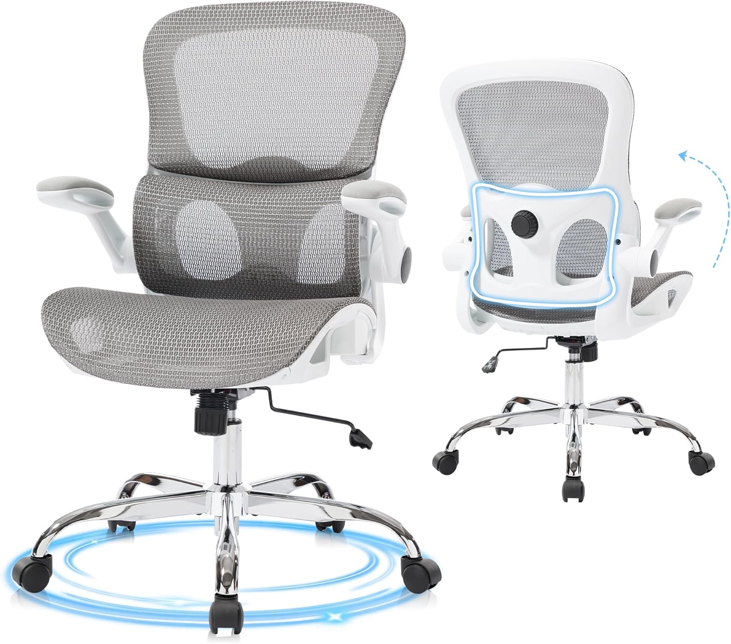 Office Chair, Ergonomic Desk Chair with Adjustable High Back 2D Lumbar Support Flip-up Armrests, Executive Breathable Mesh Comfy Swivel Rolling Computer Task Chair for Home Office Study Work Gaming