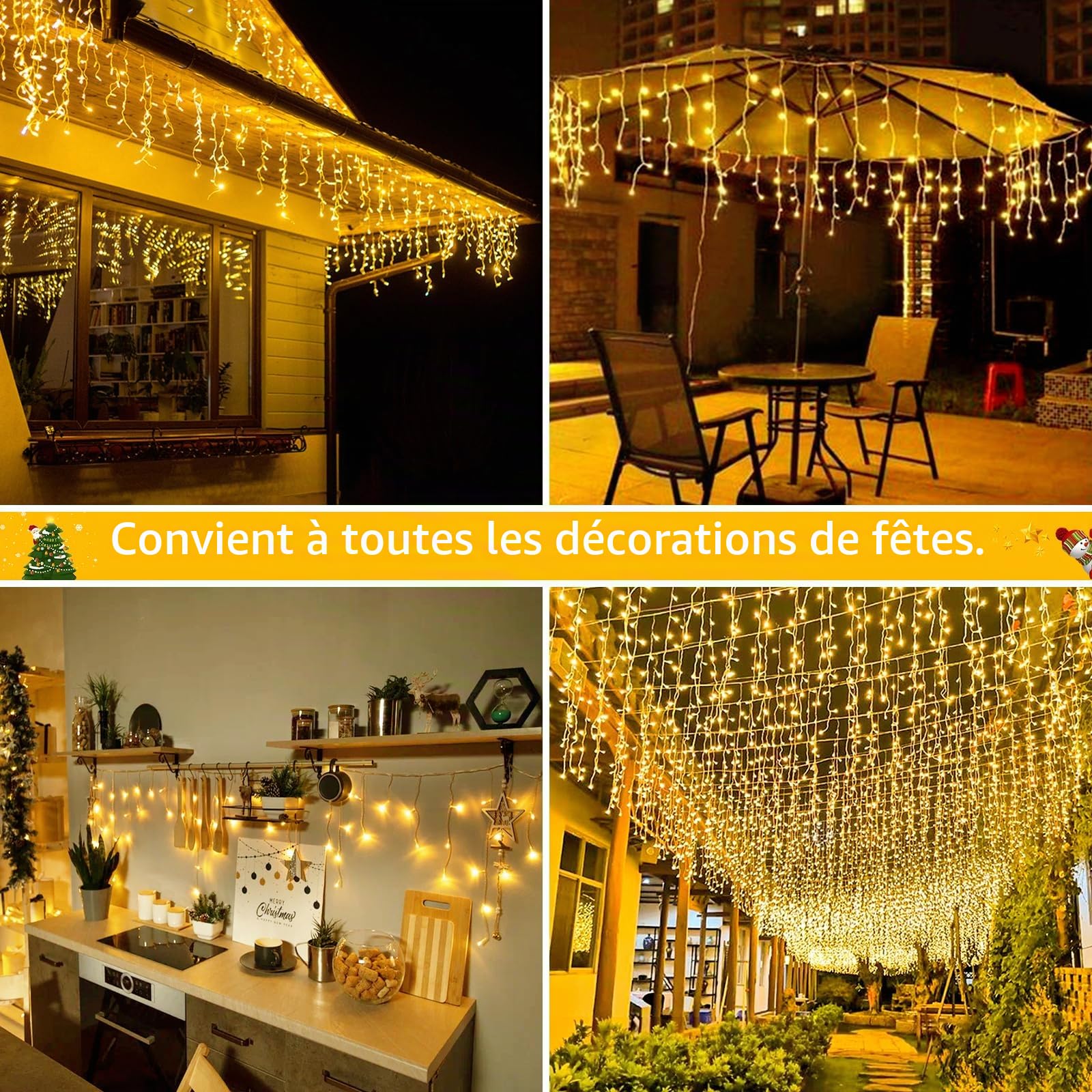 Guirlande Lumineuse Exterieur Solaire, 10 M 336 LEDs Lumineuse éTanches GlaçOns Avec 8 Modes TéLéCommande, Rideaux de Noël Solaire pour Décoration de Jardin, Fête, Noël, Mariage