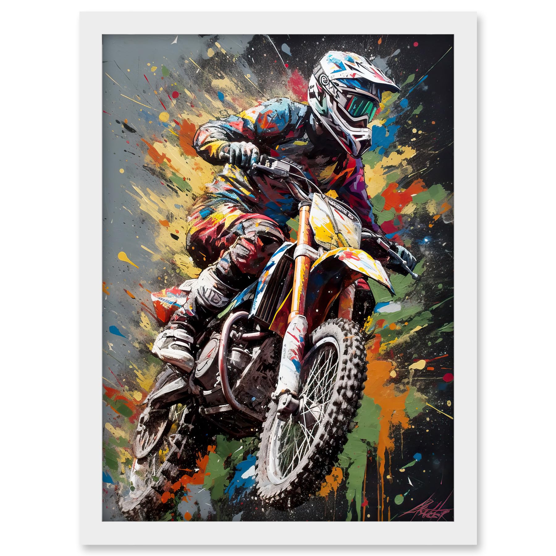 Artery8 Dirt Bike Sport Splatter Paint Motocross Rider Artwork Framed A3 Wall Art Print