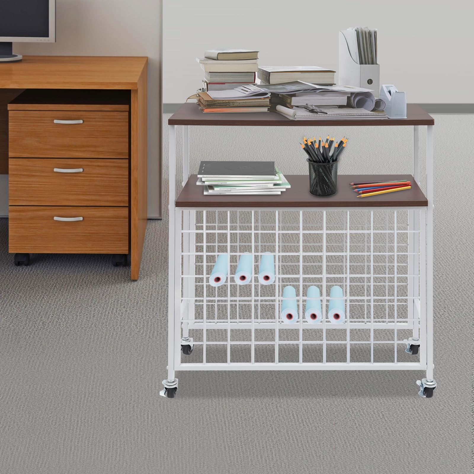 Porte-rouleaux de papier en vinyle - Chariot de rangement avec 70 supports pour rouleaux de vinyle - Organisateur de bricolage et rangement pour salle de bricolage - Blanc
