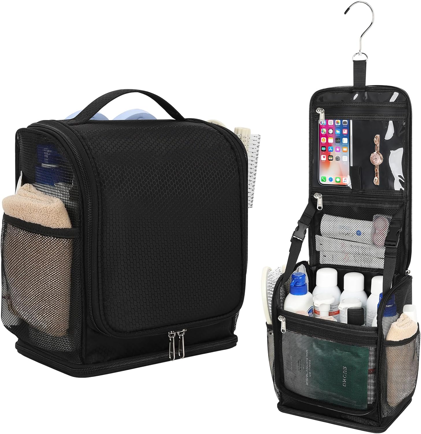 Mesh Shower Caddy Portable, Toiletry Bags for Travel, Hanging Shower Organizer Tote Bag for College Dorm Students Girls Boys, Dry and Wet Separation with Metal Hook