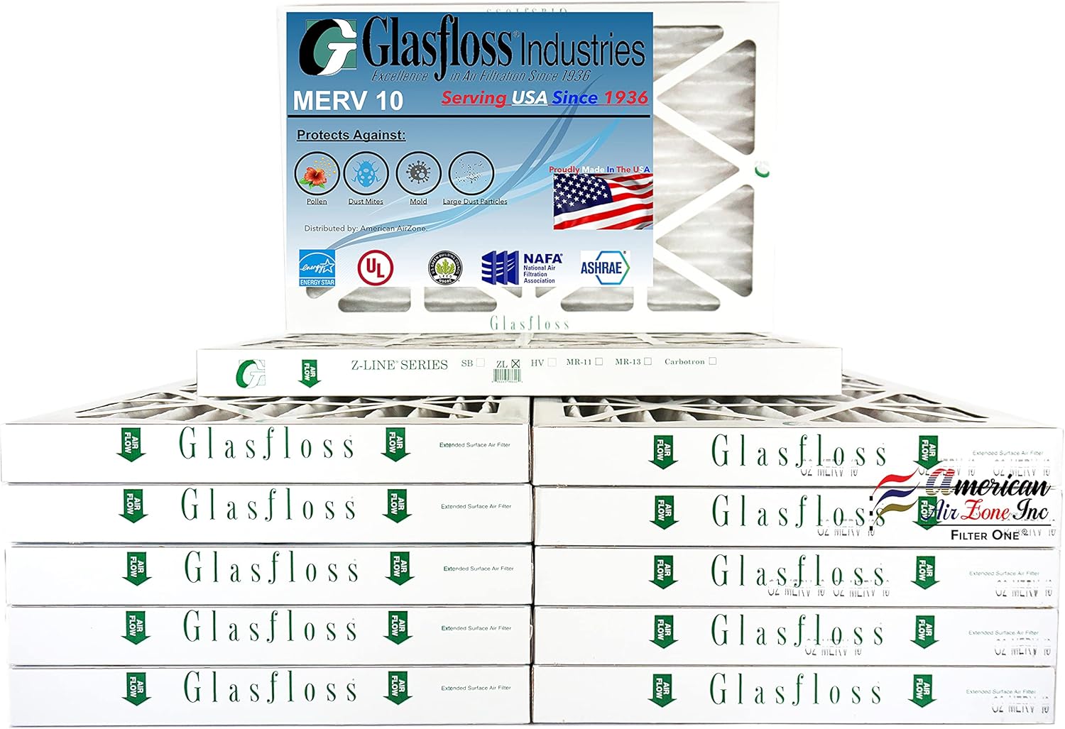 16x25x2 Glasfloss ZLP Filter MERV 10 - Box of 12
