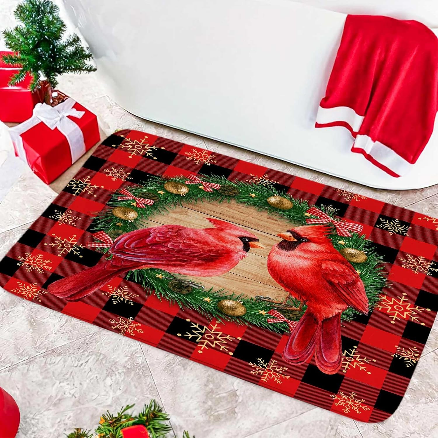 JAWO Christmas Bathroom Rugs Christmas Bathroom Decor Red
