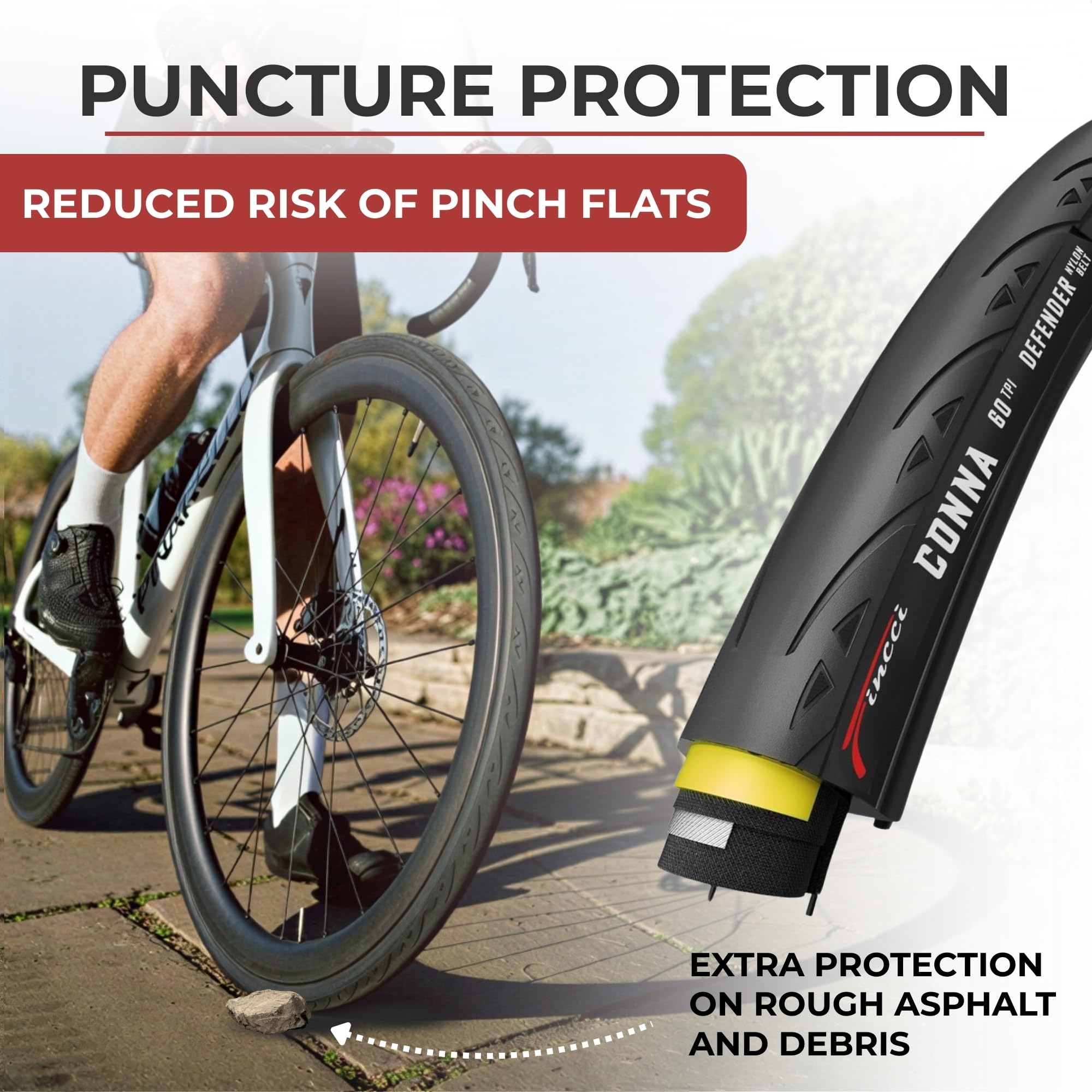 Fincci Copertoni Bici Corsa 700x23 (23-622) e 2 Camere d'aria Presta 60mm – Pneumatici Pieghevoli 60 TPI – Peso 250g con Protezione Antiforatura 1mm – Ideali per Strada e Rulli – 28 Pollici