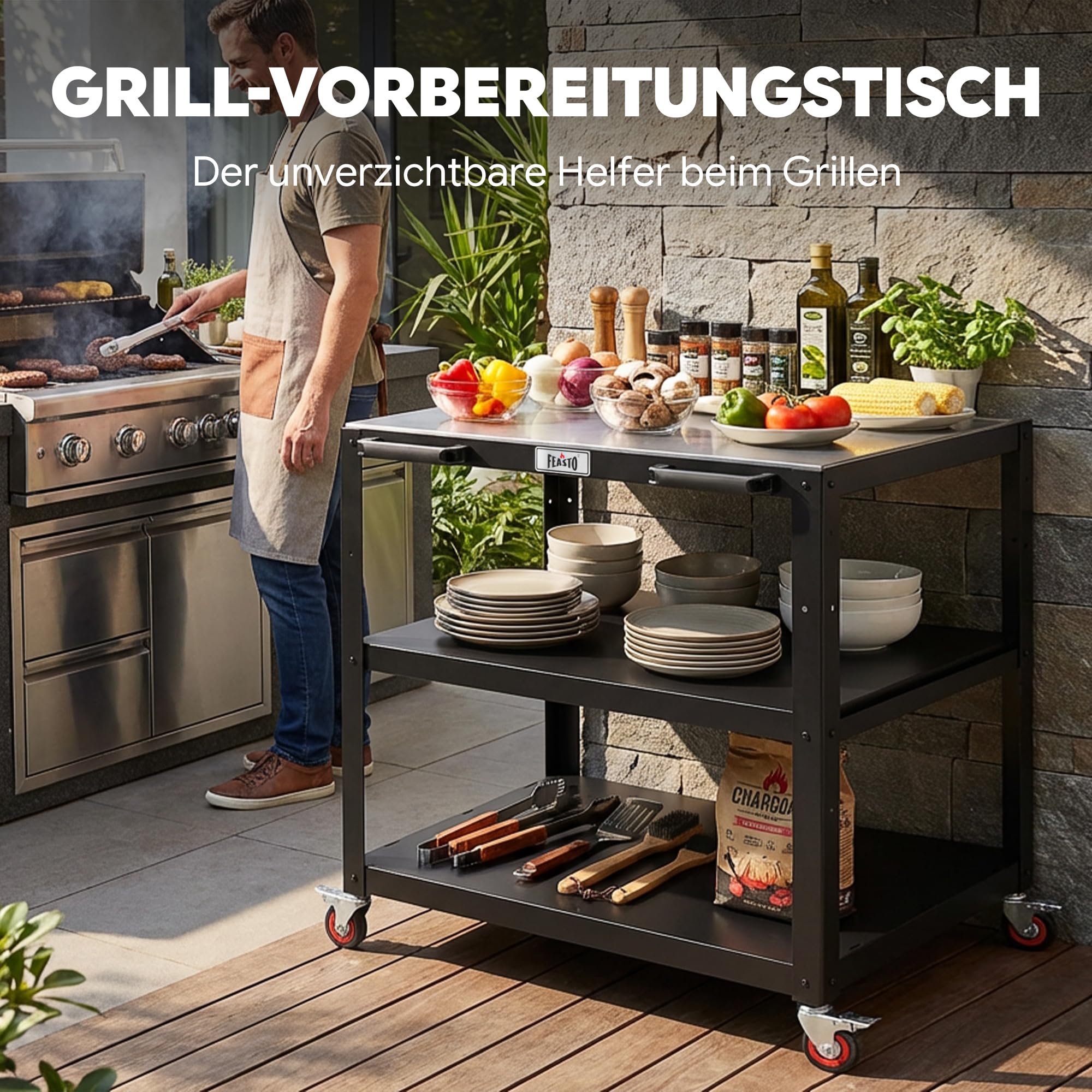 Grillwagen Outdoor Grilltisch Outdoor Pizzatisch Servierwagen outdoor | 90x65x83 cm Pizzaofen Tisch mit Edelstahlplatte, höhenverstellbaren Zwischenboden, für Küche, Terrasse, Buffet, Party