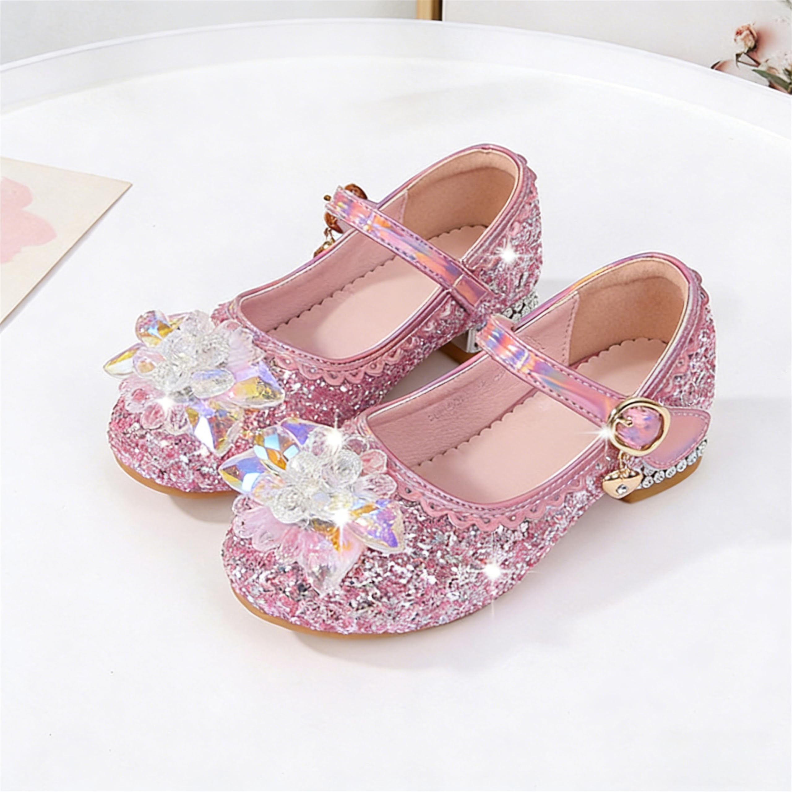 Chaussures de Princesse pour Fille Talon Haut Paillettes Antidérapant Sandales Mariage Rose 25 EU