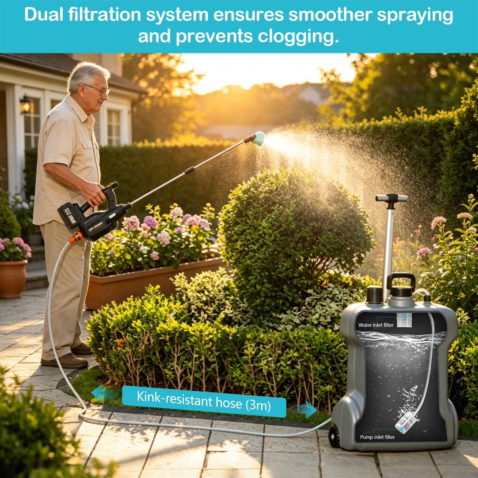 22L Akku-Drucksprühgerät, 21V, mit 3m Schlauch, 6 Düsen, Einfüll- und Absaugfilter, Schultergurt, 3-stufig Einstellbarer Wasserfluss, mit Rädern, für Gartenarbeit, Autowäsche und Bewässerung