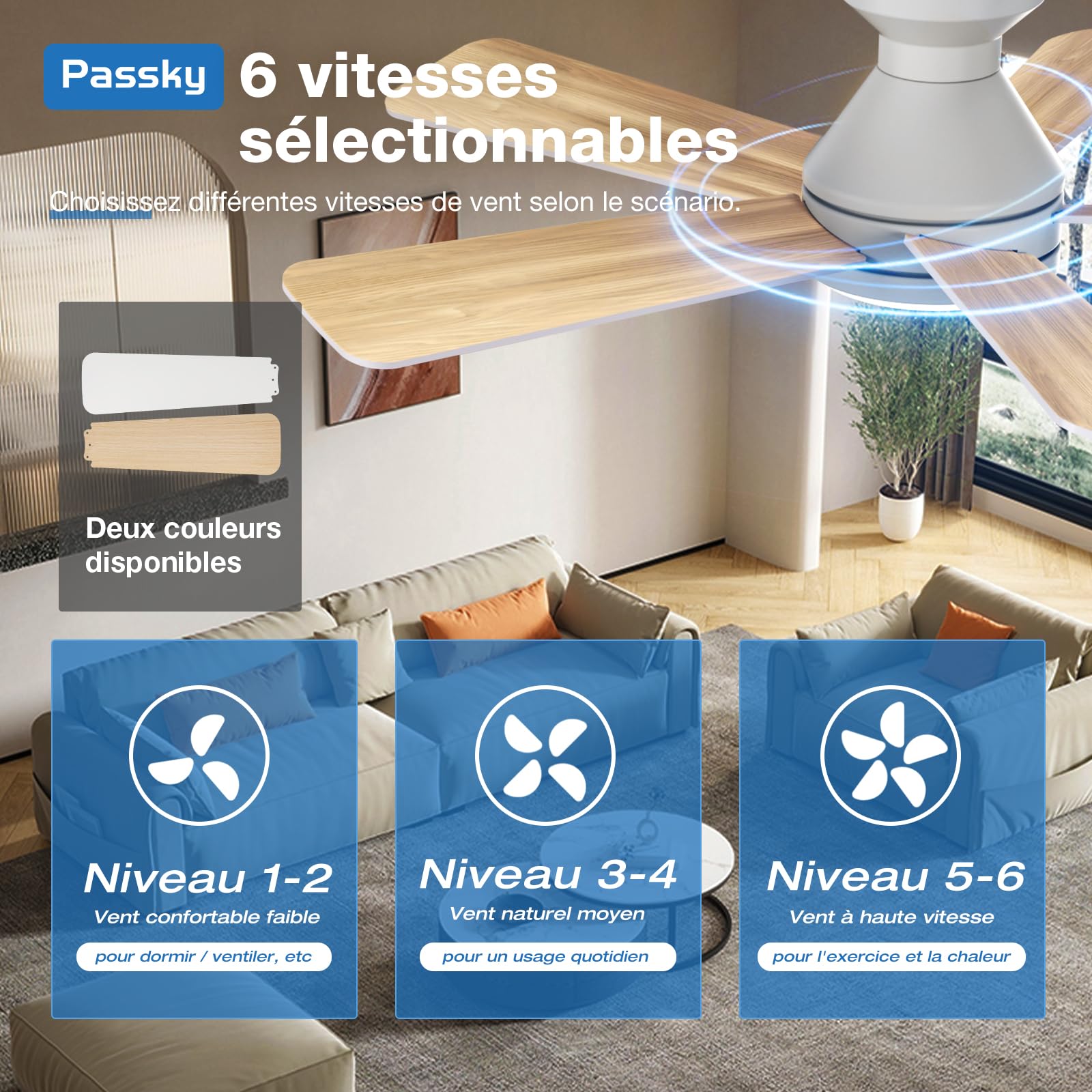 Passky Ventilateur de plafond, 107 cm, avec éclairage et télécommande, moteur CC silencieux, 6 vitesses, lampe LED à intensité variable, 3 températures de couleur, blanc