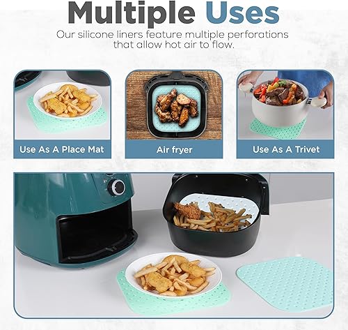 Miniatura 3 de Forros cuadrados de silicona para freidora de aire, lavables y reutilizables, paquete de 3 (8.5 x 8.5 pulgadas), forros cuadrados para freidora de