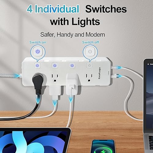 Miniatura 3 de Regleta protectora de sobretensiones de 10 pies, 8 salidas de CA, 4 puertos USB (2 USB C), cable de extensión de enchufe plano con múltiples tomas,