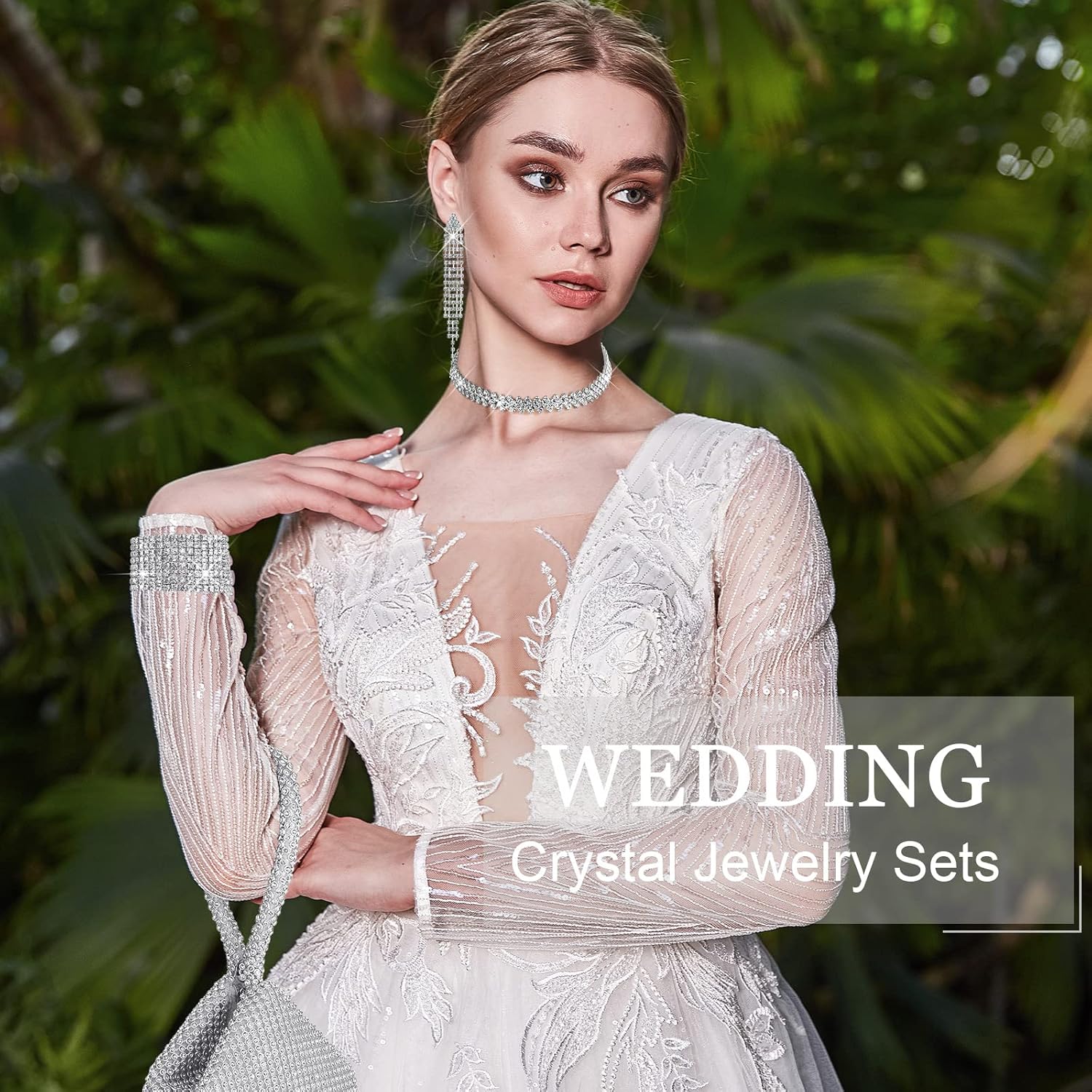 4 Pcs Rhinestone Clutch Purse Jewelry Set Silver Evening Bags with Silver Crystal Choker Necklace, Stretch Bracelets, Tassel Drop Earrings and Shiny Purse for Women Evening Party - Image 6