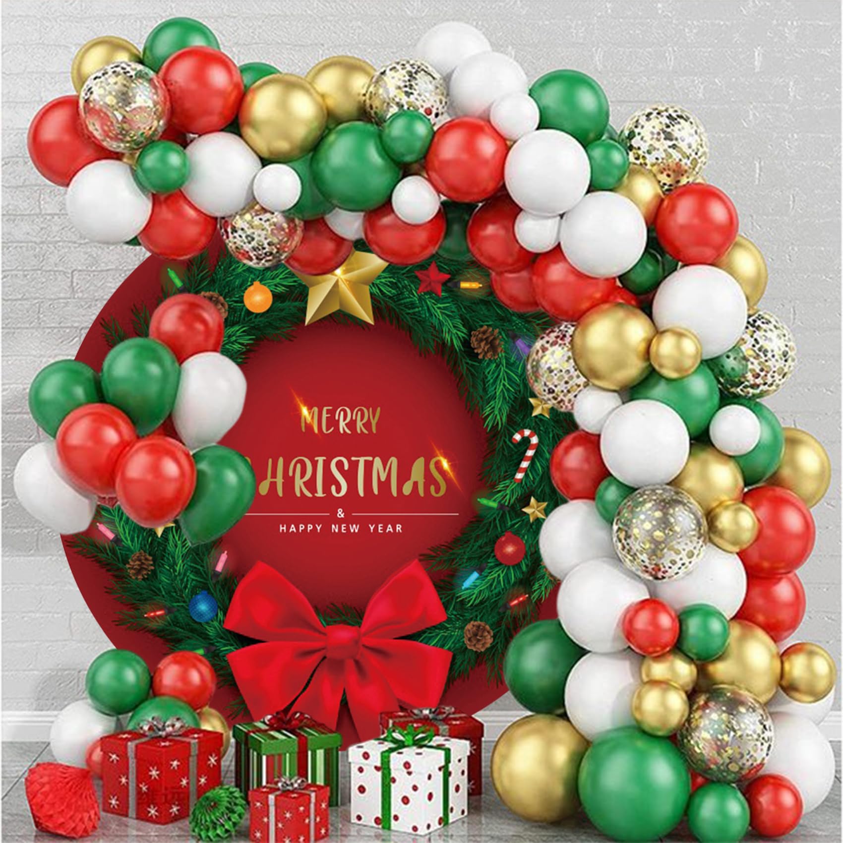 YongFoto Toile de fond ronde de 2 x 2 m avec motif joyeux Noël vert exquis anneau de Noël et nœud rouge pour photographie de Nouvel An, fête de Noël, festival, fête prénatale