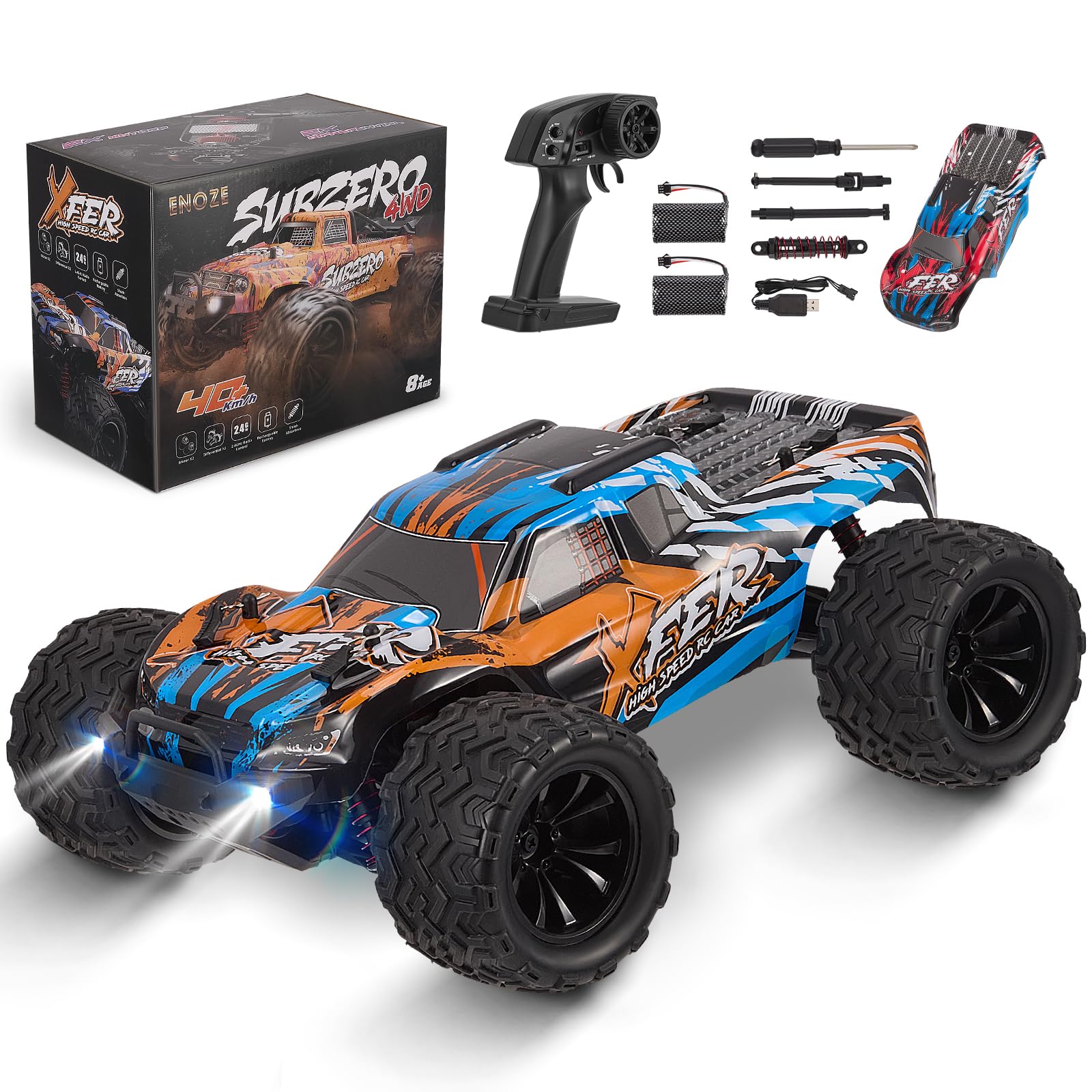 Ferngesteuertes Auto,9501E RC Auto 1:16, 4WD Offroad Truck, 60 km/h, 2×1500mAh Akku, wasserdicht, 2,4 GHz Fernsteuerung, für Kinder