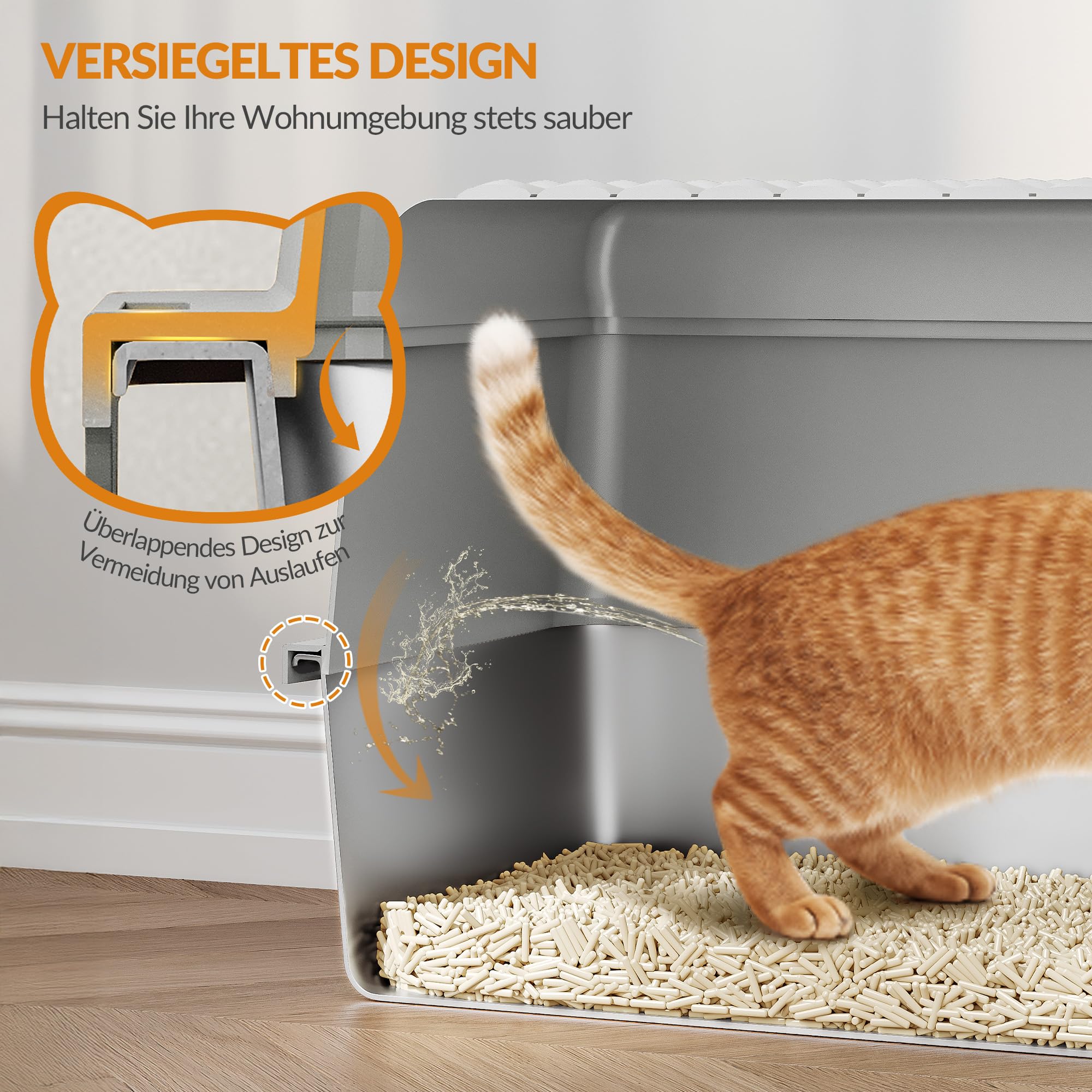 Fobyfurny Katzenklo Edelstahl, XXL Katzentoilette, 60x40x38,5cm, Cremegrau – Ansicht 6