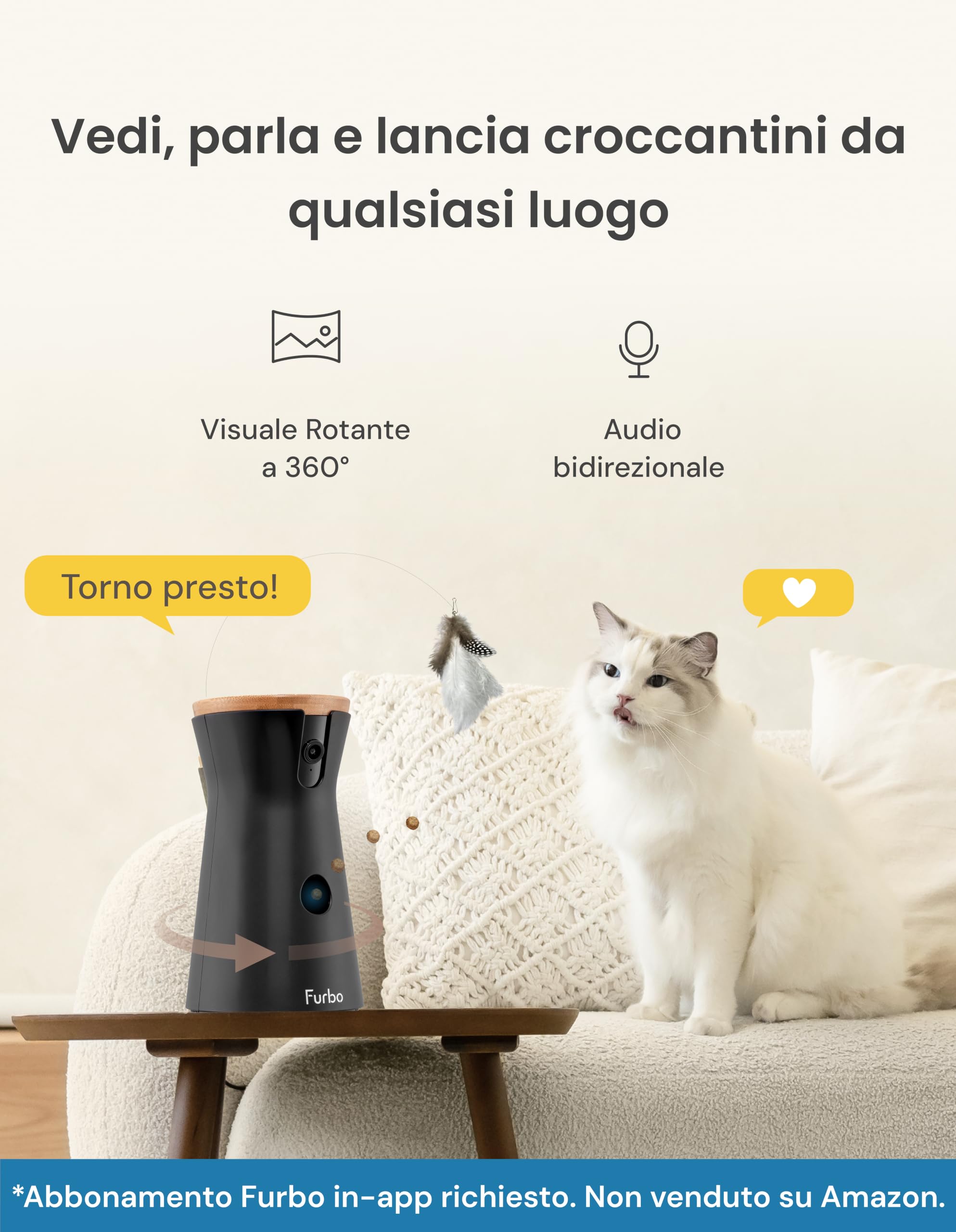 Furbo Videocamera 360° per Gatti con Pacchetto Sicurezza Casa [PREMIUM CON ABBONAMENTO RICHIESTO] Con App, Vista Rotante a 360°, Visione Notturna a Colori, Tracciamento Automatico, Lancio Croccantini