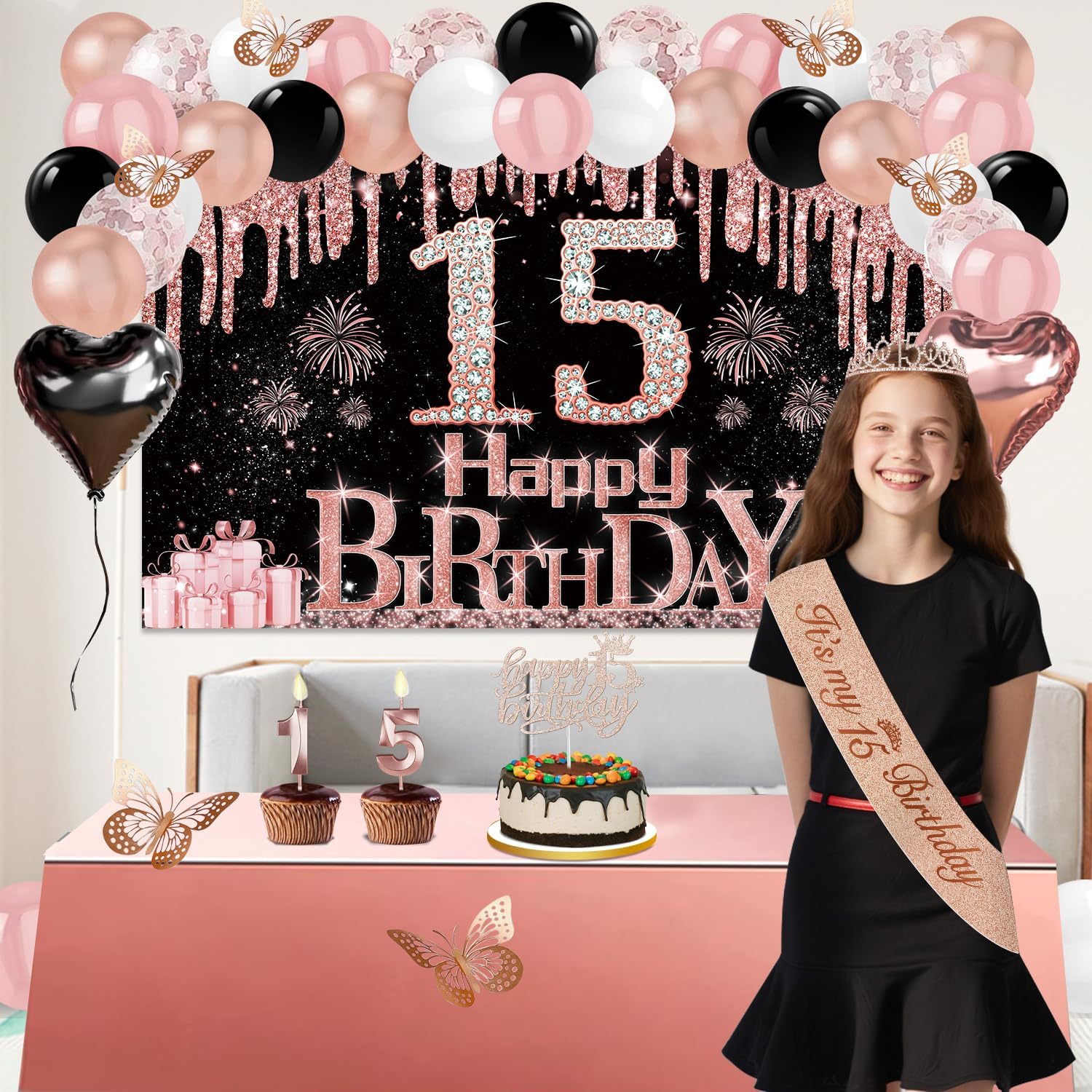 15th birthday decorations for girls, 49pcs black rose gold black banner, tablecloth, butterfly decor, 15th birthday sash and tiara, cake topper, candles, balloons arch 15new