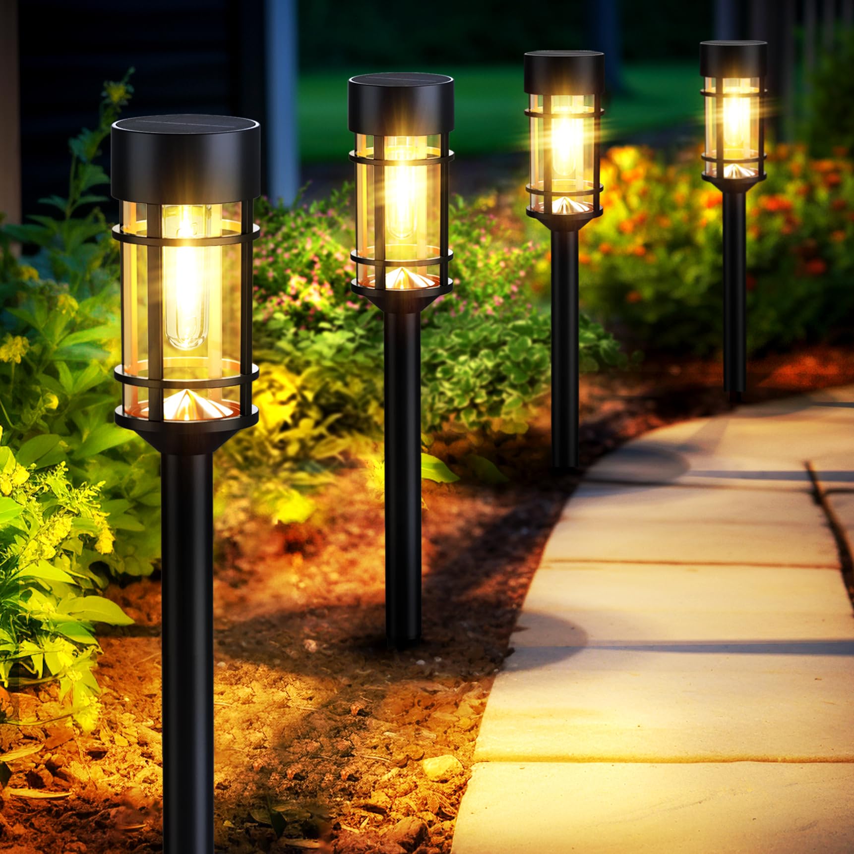 Solar Pathway Lights Outdoor, 8 Pack Solar Outdoor Lights IP 65 Waterproof Decorative Solar Garden Lights, Updated LED Tungsten Filament Bulb Solar Landscape Lights for Yard, Walkway, Driveway, 3000K