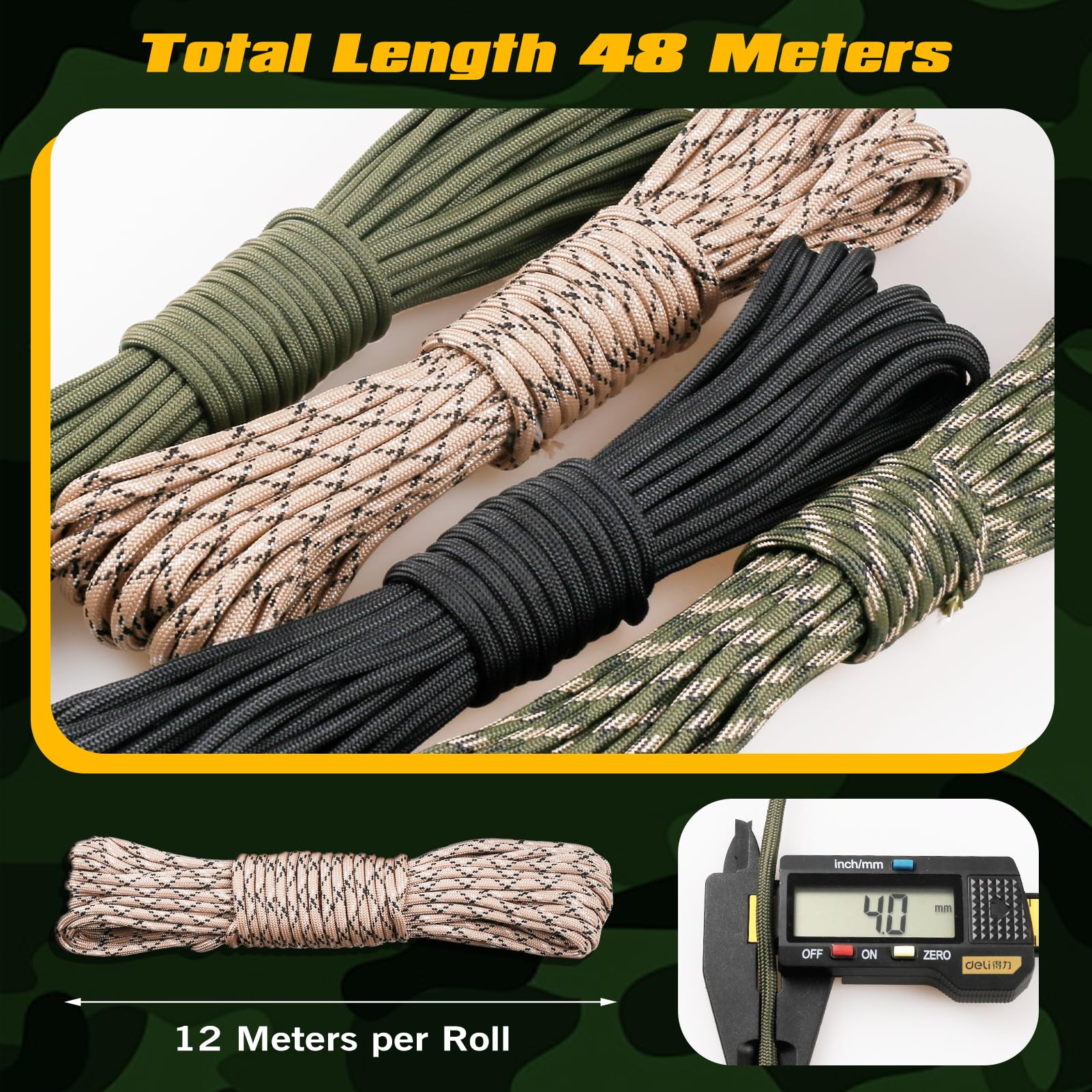 VABNEER Paracord 4 mm, 9 rdzeni, 48 m, zestaw Paracord, 4 rolki typu III, nylonowe sznurki do 295 kg, do bransoletek, breloczków, obroży dla psów, survival, długość całkowita 35 m