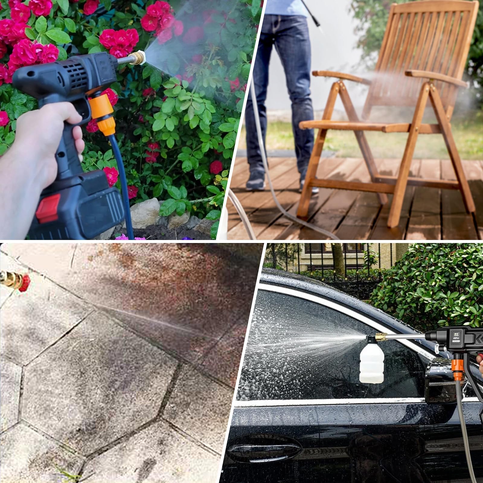 Pulitore ad alta pressione senza fili, idropulitrice portatile per patio e auto, pulitore a getto senza fili ad alta pressione con tubo da 5 m e 2 batterie ricaricabili per la pulizia e l'irrigazione