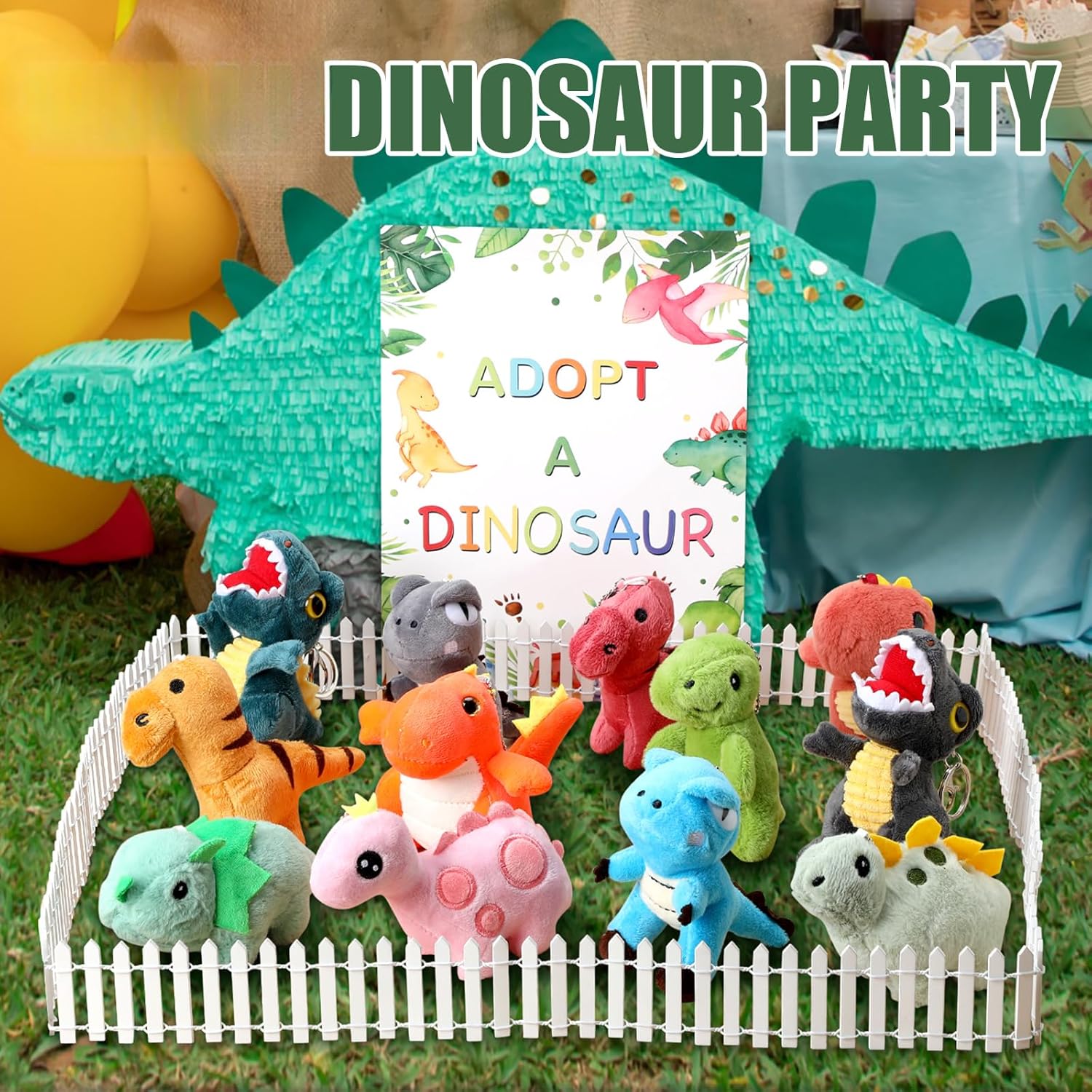 Blueweenly 15Pcs Adopt a Pet Dinosaur Party Favors Mini Stuffed Animals Set Includes12 Small Dinosaur Stuffed Animals 2 White Plastic Fence 1 Sign for Adopt A Pet Party Birthday Gifts