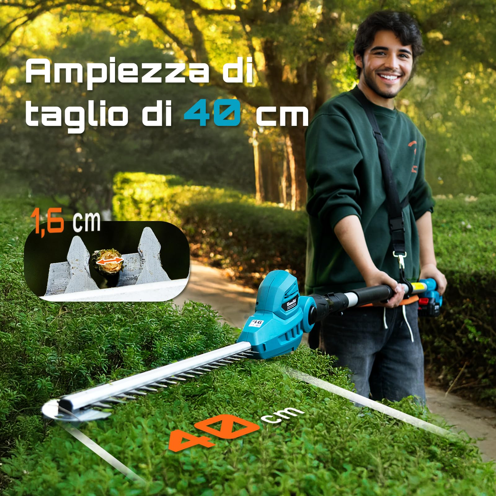 SEESII Tagliasiepi Telescopico a Batteria 2,6 m, Tagliasiepi a Batteria da Giardino con Lama Doppia da 40 cm, 2 * Batterie 4.0Ah, Testa Girevole a 135°, Potente per Siepi, Alberi e Arbusti