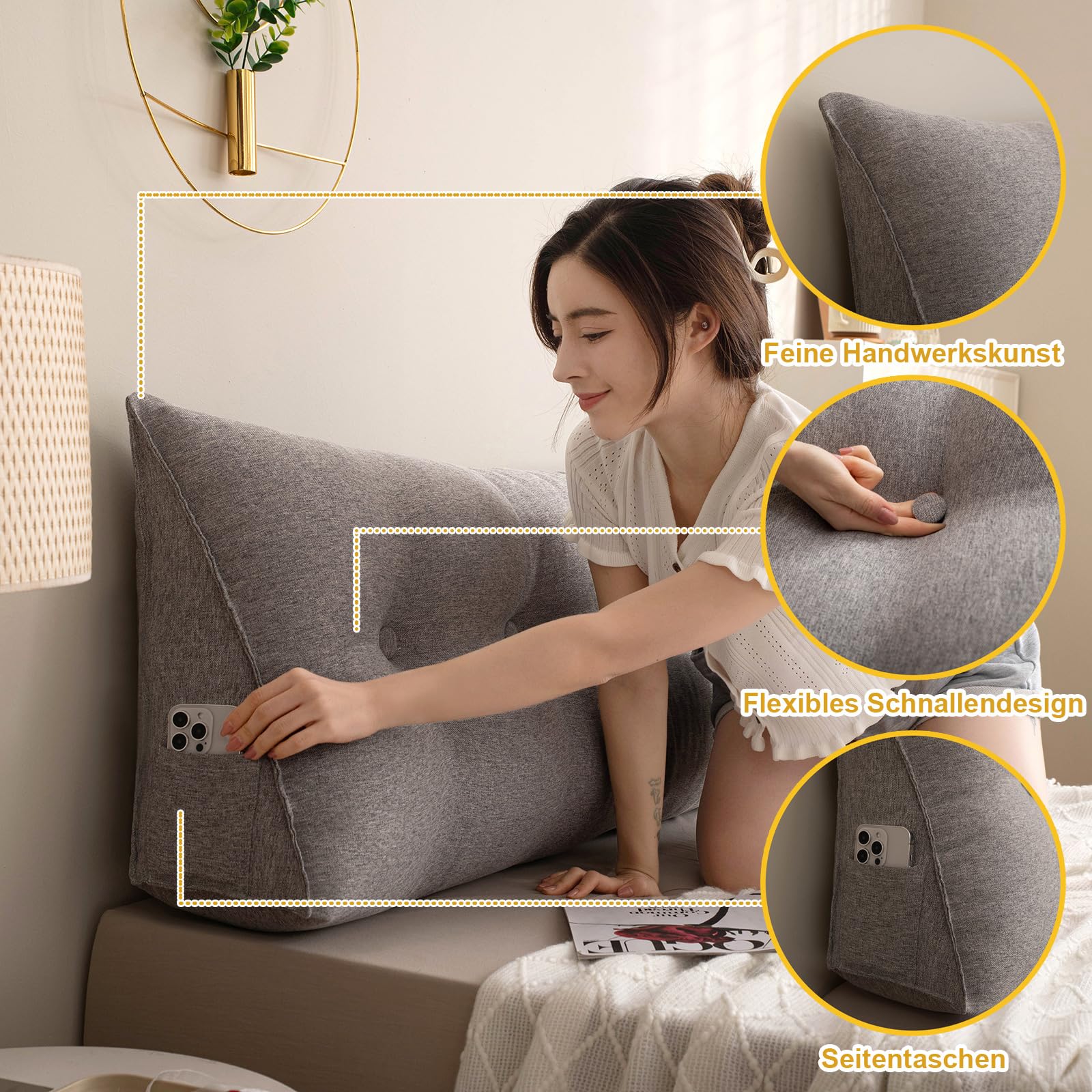 Cuscino ergonomico in lino, cuscino a cuneo da 180 cm, per collo, spalle, supporto lombare, sfoderabile, lavabile, ideale per la lettura e lo schienale della TV, comodo design grigio
