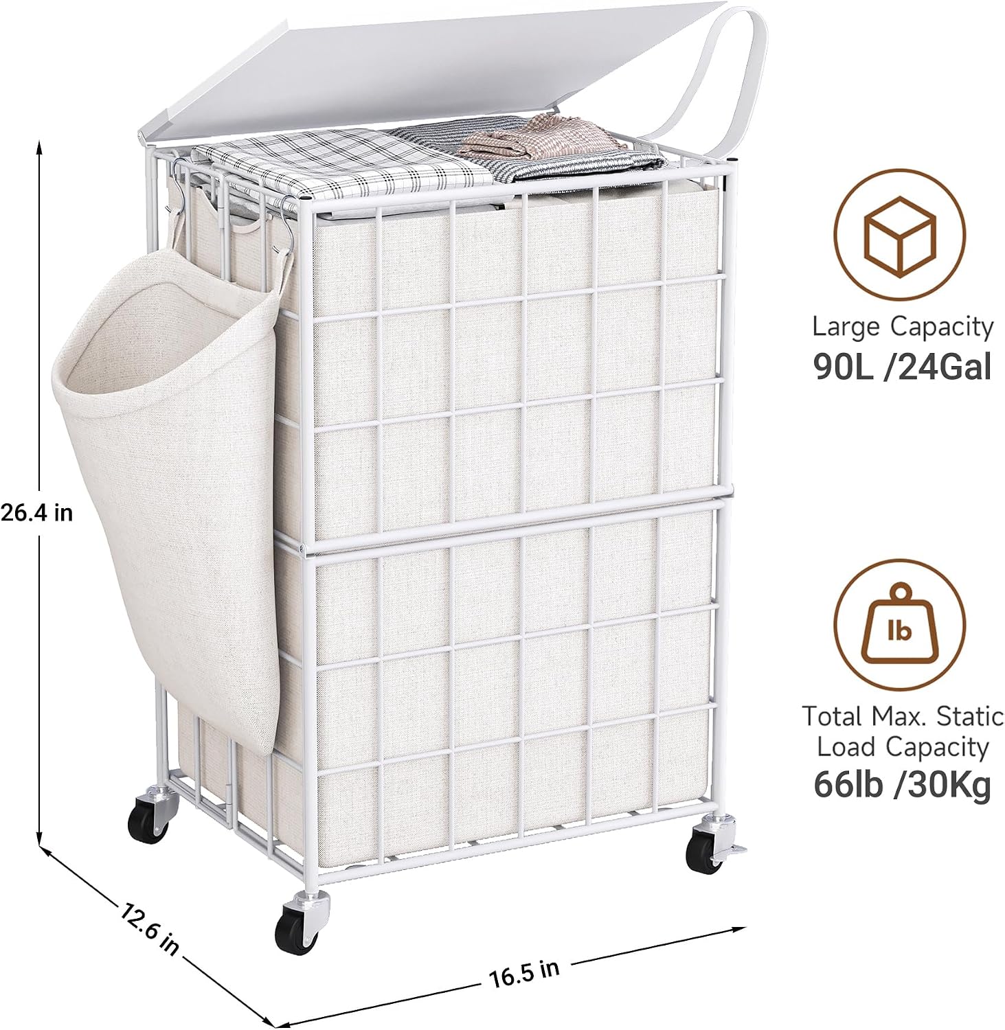 90L Laundry Basket with Wheels, Large Capacity Laundry Hamper with Removable Liner Bags, Heavy Duty Laundry Sorter with Solid Wood Lid & Leather Handles, White
