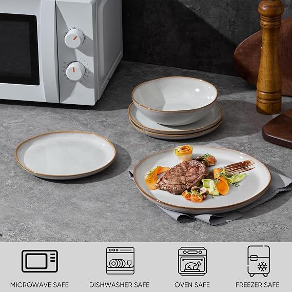 Joyfair 12 Pcs Stoneware Dinner Set Service for 4, Gilded Alabaster White