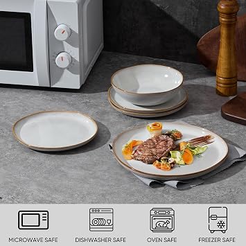 Joyfair 12 Pcs Stoneware Dinner Set Service for 4, Gilded Alabaster White