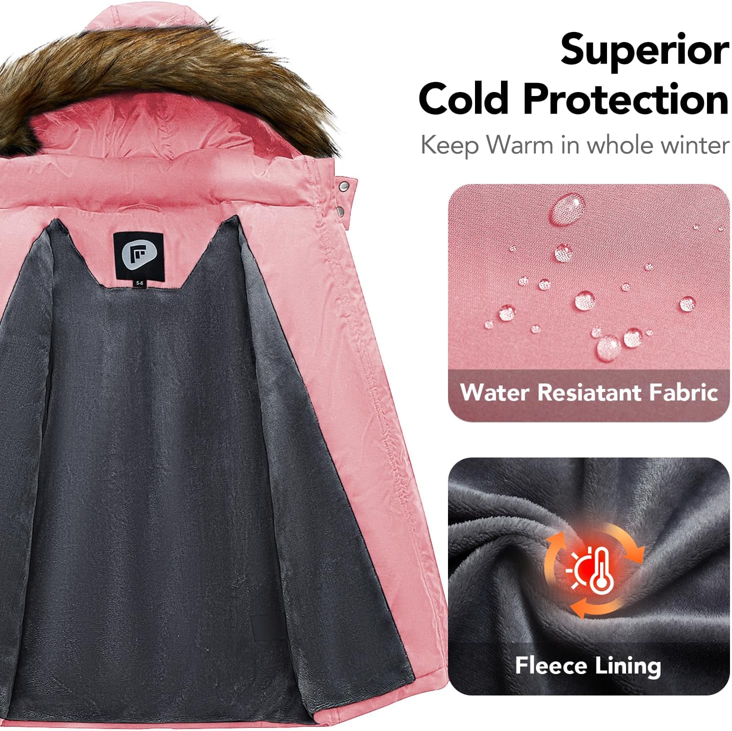 Garemcy Girls Winter Coat Long Warm Waterproof Fleece Lined Puffer Jacket With Detachable Hood & Fur Trim - Image 3