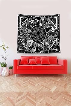 Ontheclouds Siyah Burç Desenli Leke Tutmaz Kadife Kumaş Duvar Örtüsü Duvar Halısı Tapestry, 140 x 140