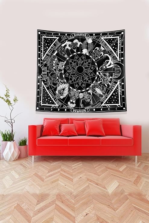 Ontheclouds Siyah Burç Desenli Leke Tutmaz Kadife Kumaş Duvar Örtüsü Duvar Halısı Tapestry, 140 x 140