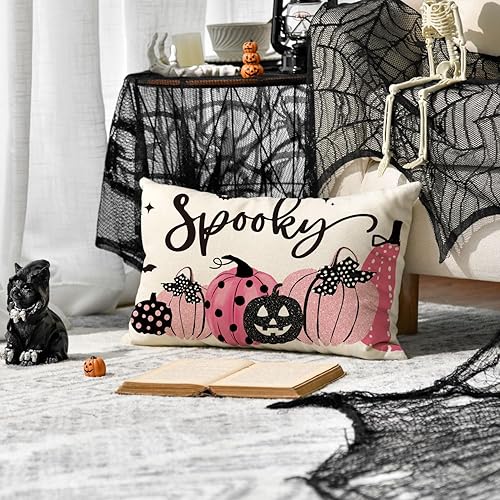 Miniatura 2 de AVOIN colorlife Funda de almohada de calabaza de lunares espeluznantes de Halloween, 12 x 20 pulgadas, funda de cojín rosa de terror de murciélago
